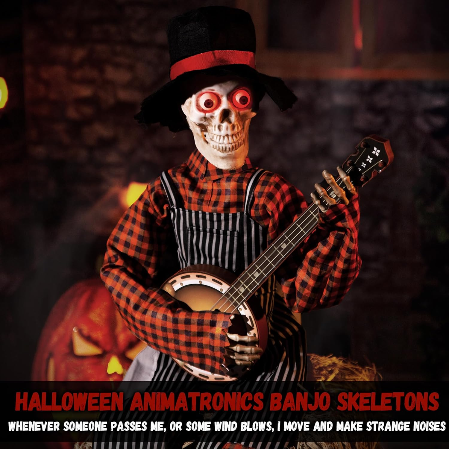 Halloween Animatronics Banjo Skeletons - Animated Skeleton Decorations with Sound Activated, Funny Voice Light up Eyes Playing Motion Musical Prop Decor for Indoor/Outdoor, Guitar Skull,(Gs01) image number 3