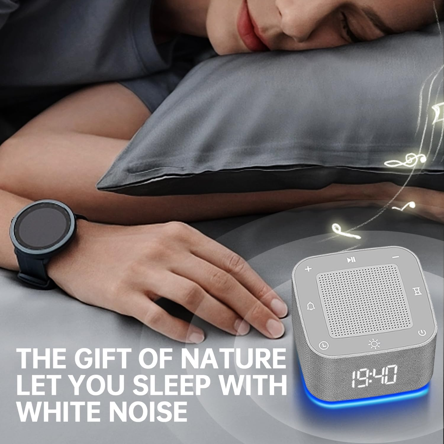 White Noise Machine & Alarm Clock with Bluetooth Music Player,32+ Soothing Sounds,7-Color Night Light, 5-Timer Settings, Dimmable, Memory Function, for Adults/Baby/Bedroom/Office (Grey)