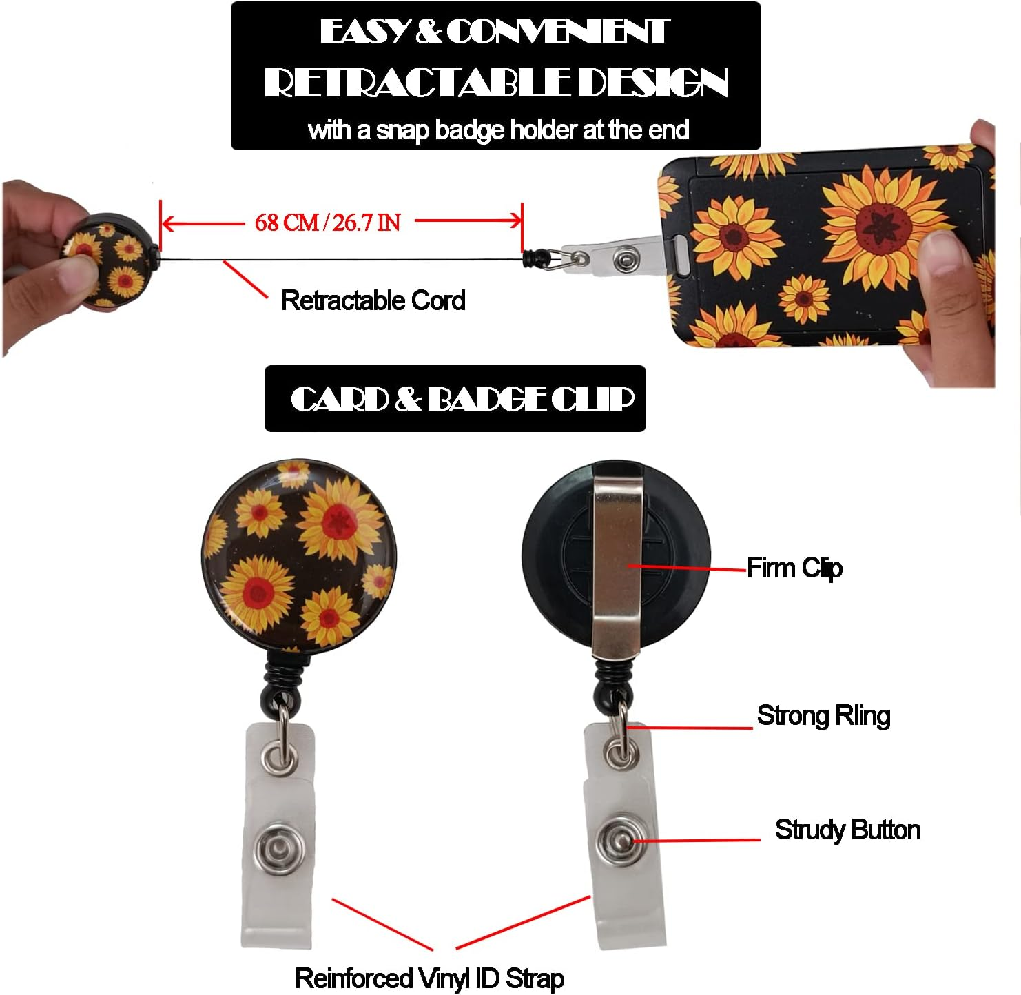 Badge Holder with Detachable Neck Lanyard Reel Clip, Retractable Vertical ID Card Holder Keychain Name Badge with Belt Clip, Work Office Nurse Medical Student Teacher Women Men Gifts (Sunflower) - Blue Marble image number 5