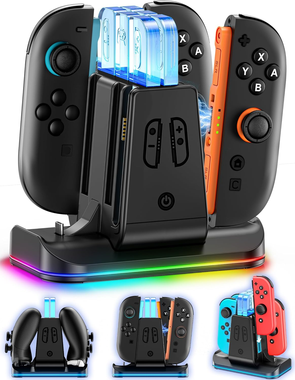 Switch Controller Charger for Joycon 2/1 & Pro 2/1 Controller, Switch Charging Dock with 9 RGB Light Modes, 6 in 1 Joycon Charger Dock for 4 Joycons and 2 Pro Controllers with LED Indicator image number 4