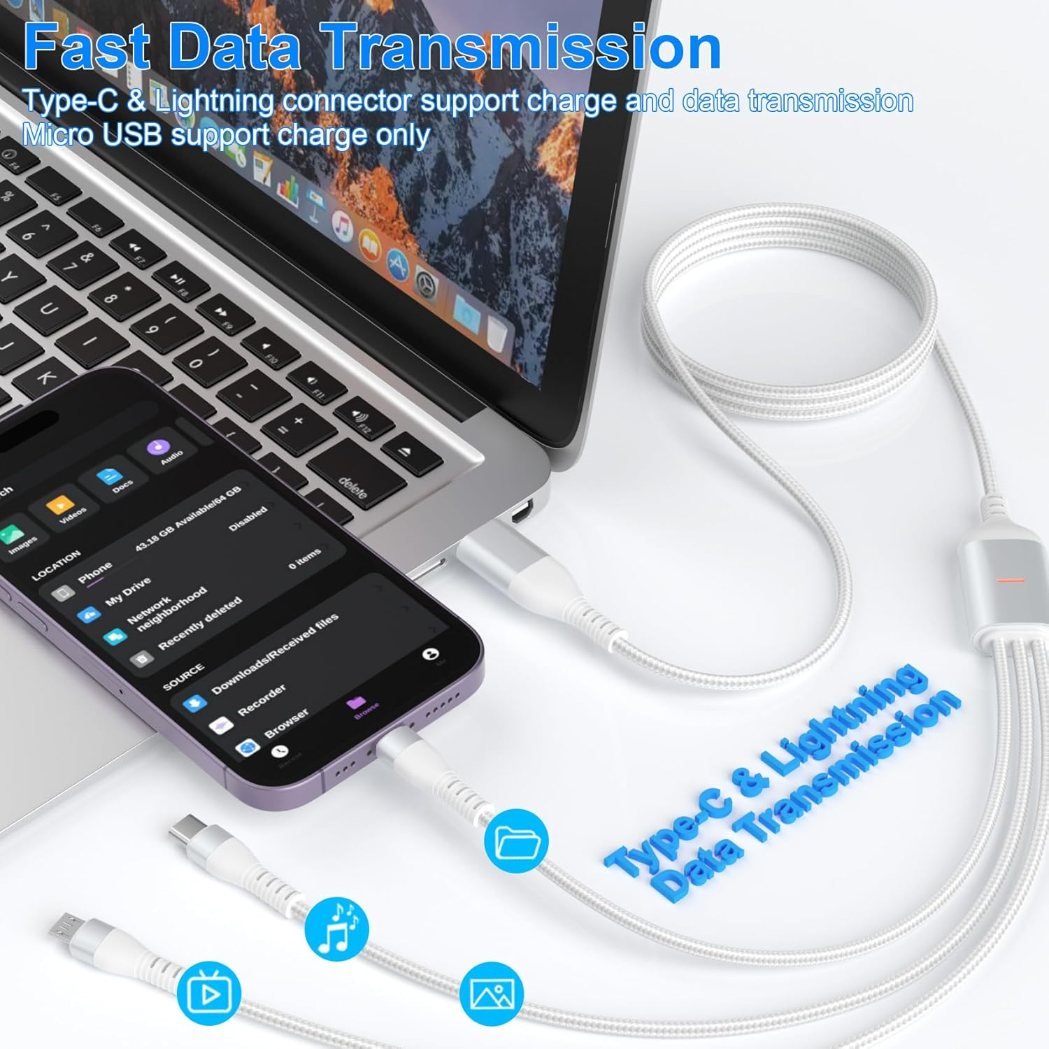 Pubiohs 3M Braided Long 3 in 1 Multi Charging Cable - 100W PD Fast Charger Cable with USB-A/USB-C Inputs + Lightning/Usb-C/Micro USB Outputs for Iphone 16/15/14, Ipad, Galaxy, 100 Watt Laptop image number 6