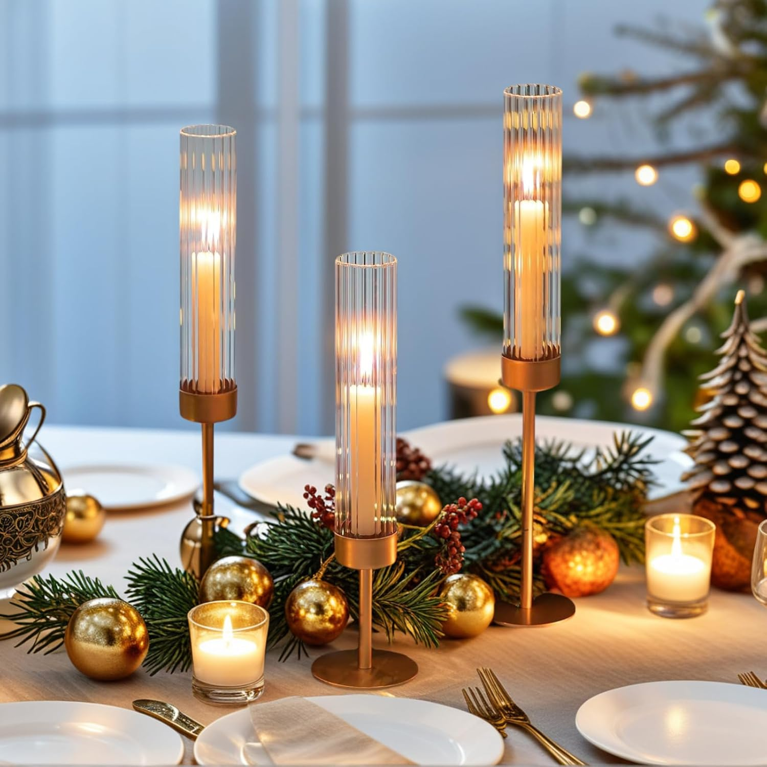 3Pcs Gold-Finished Hurricane Candle Holders Set - Glass & Brass Taper Candle Holders for Weddings, Christmas, Home Table Decor image number 2