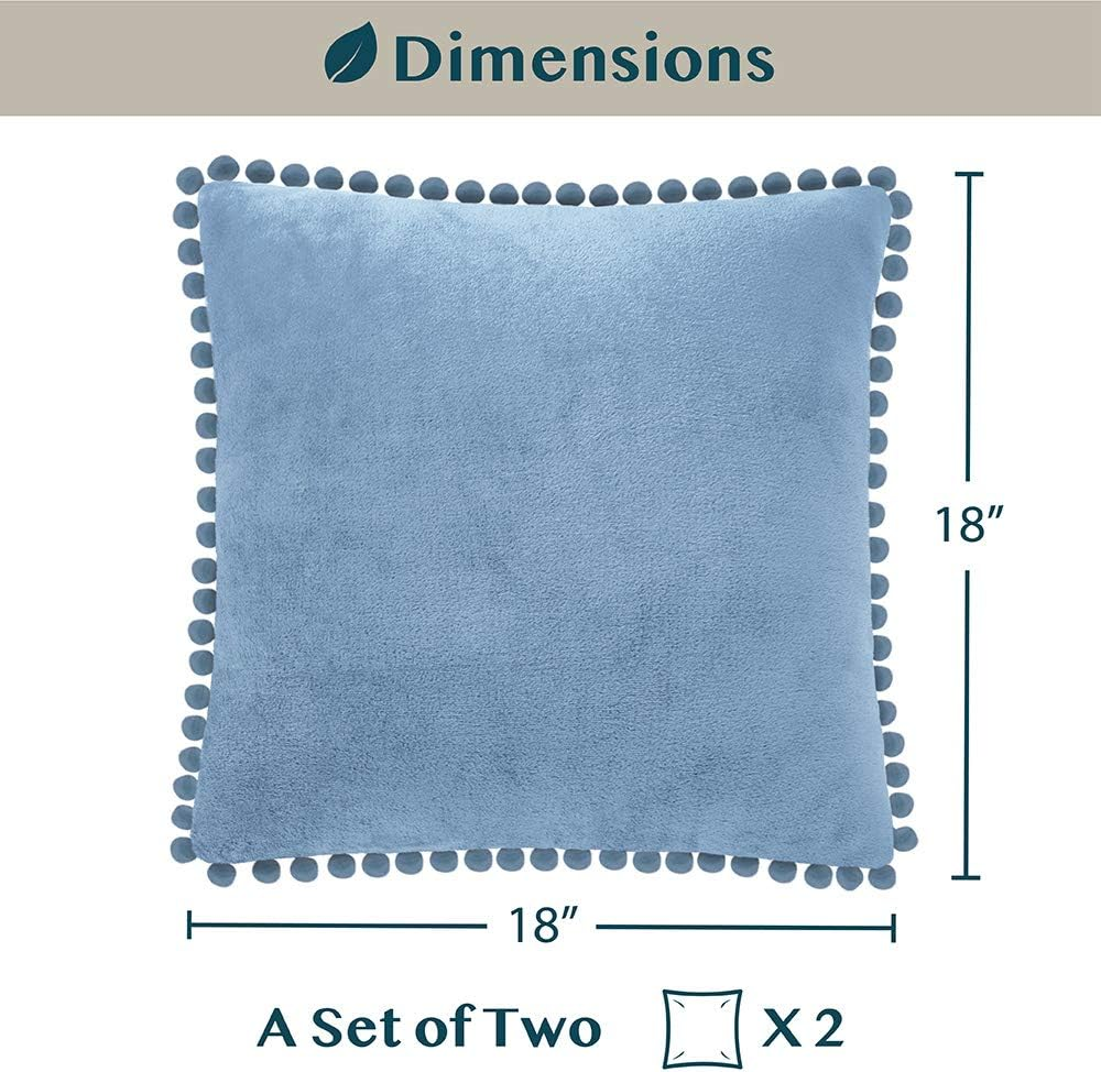 PAVILIA Dusty Blue Throw Pillow Covers Pom Pom 18X18 Set of 2, Decorative Pillow Cases Bed Sofa Couch, Boho Accent Decor Cushion Bedroom Living Room, Velvet Square Euro Sham Pompoms, Light Slate Blue