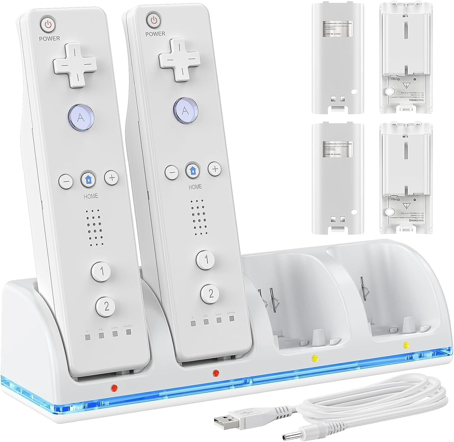 4-In-1 Charging Station for Wii&Wiiu Remote Controller with 4 Rechargeable Battery Packs,4 Port Charging Station+4 Pcs 2800Mah Replacement Batteries+Usb (Cable Remote Not Included) (White) image number 4
