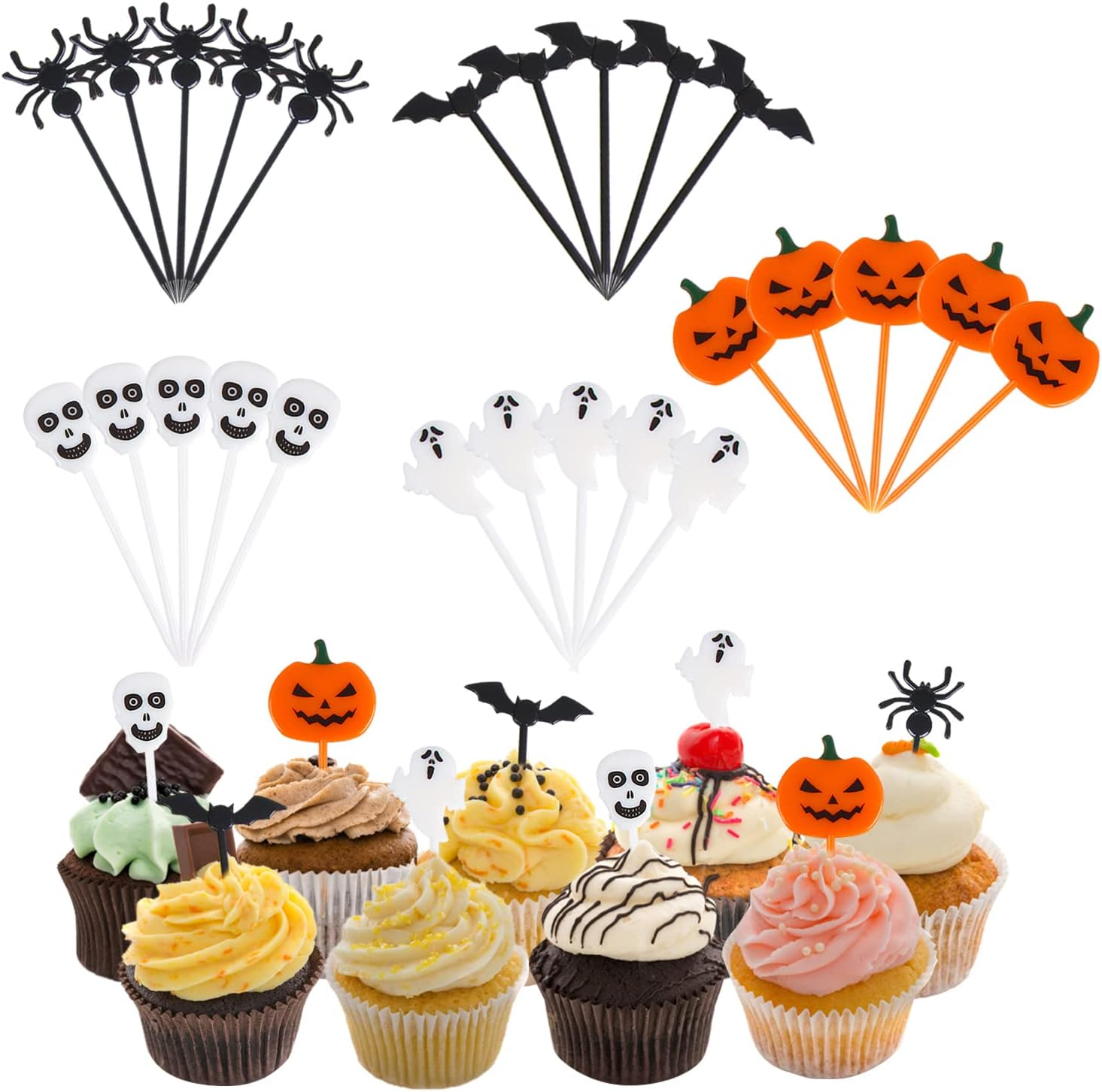 KIMOBER 50PCS Plastic Halloween Cupcake Toppers,Pumpkins,Ghosts,Spiders,Bats,Skeletons Food Picks for Halloween Decorations image number 4