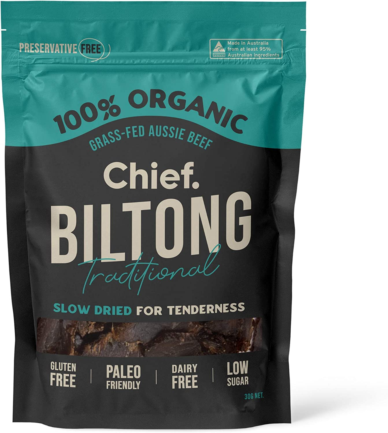 CHIEF Traditional Beef Biltong (12 X 30G Bags) | 100% Organic Grass-Fed Aussie Beef, Paleo Friendly, Gluten Free, Dairy Free, Nut Free, Low Sugar image number 6