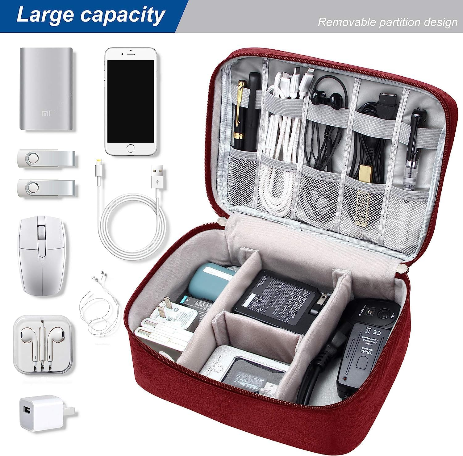 AUMA Travel Cables Organiser Carrying Case for Power Cords Phone Battery Chargers Earbuds Hard Drives Memory Cards Adapter Mouse Small Electronic Accessories -Wine Red - Grey image number 4