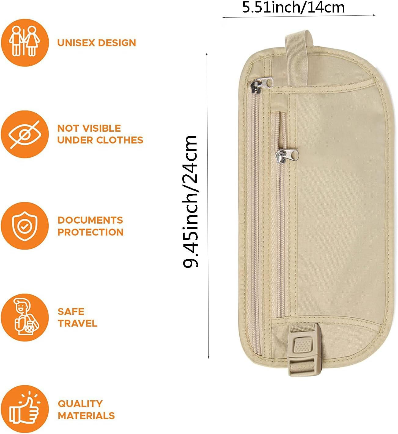 Yuanyoutong Secure Travel Money Belt, Anti-Theft Passport Holder Travel Wallet for Men Women, Hidden under Clothes Belt Wallet, Security Travel Pouch, Waterproof Waist Bumbag for Money, Cards and Keys, Beige, One Size, Double Zipper Pocket Design