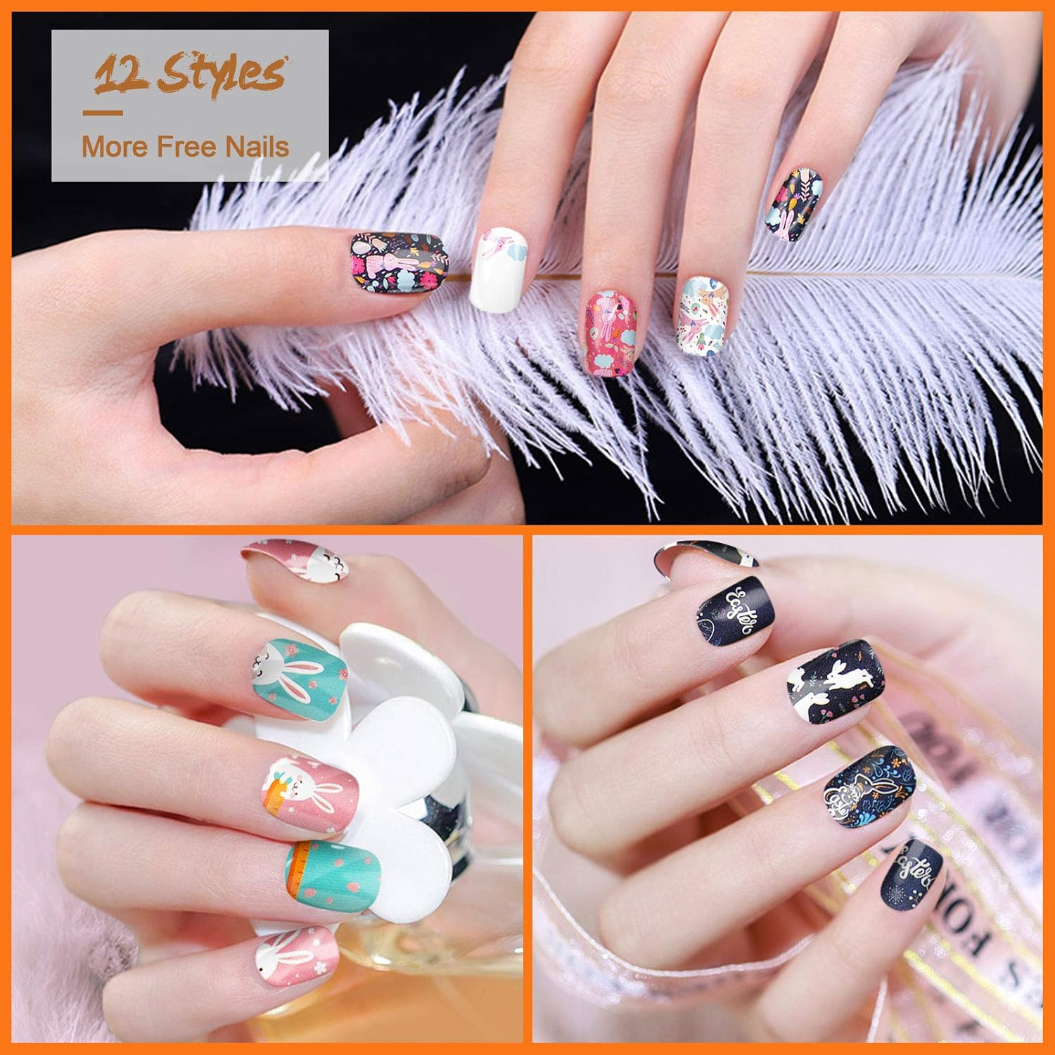 Easter Full Wraps Nail Art Stickers, Kalolary 12 Sheet Easter Self-Adhesive DIY Nail Art Decals Strips Eggs Rabbits Adhesive Nail Decals Manicure Set with Nail File for Women Girls image number 1