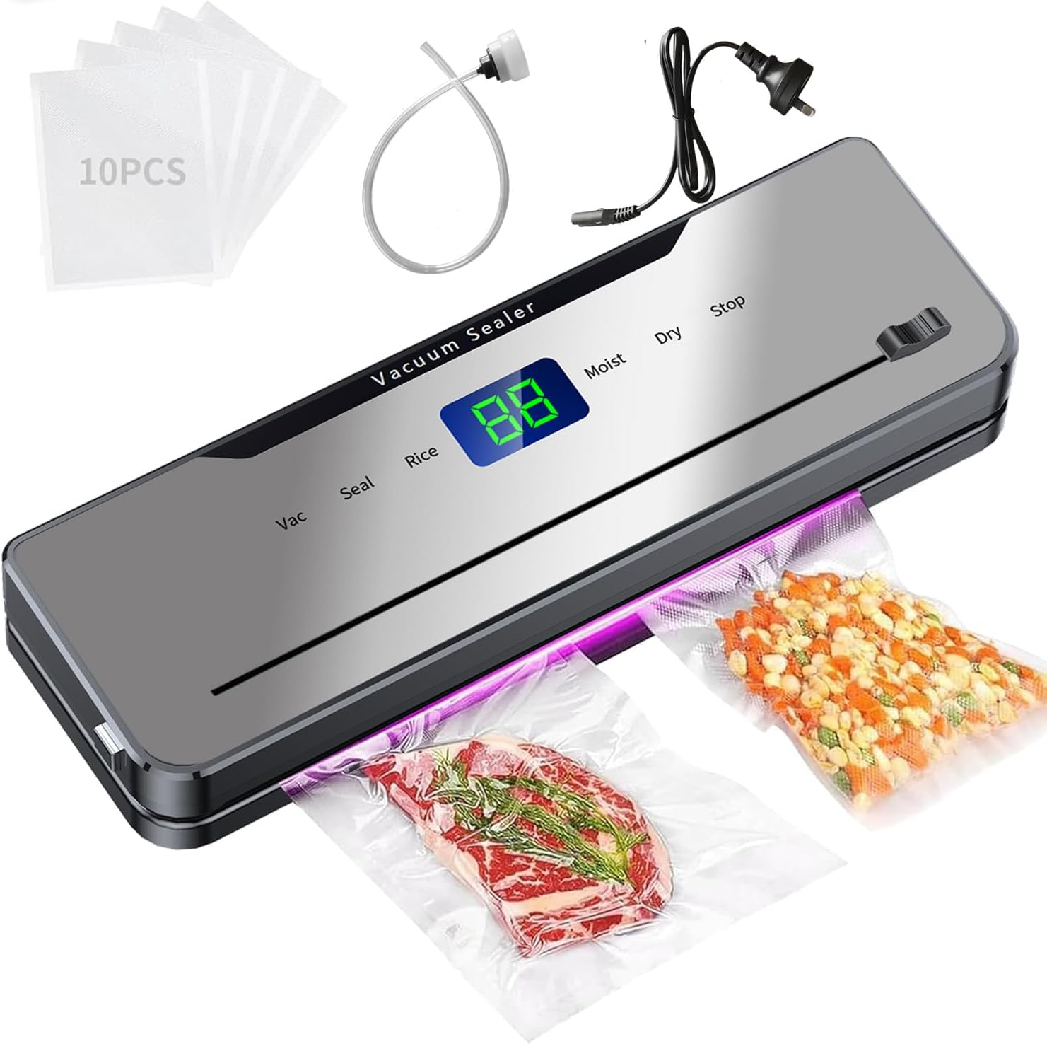 Vacuum Sealer Machine, 6-In-1 Automatic Sealing Food Saver Machine,One Touch Automatic Sealing, Fast-Compact Food Sealer with 10Pcs Airtight Bags & External Vacuum Tube，Built-In Cutter(Grey) image number 4