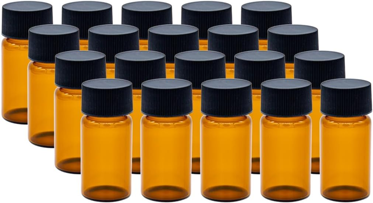 Tutuxio 20Pcs 5Ml Glass Sample Vials, Liquid Sampling Small Glass Bottle Storage Container with PE Liners Black Screw Caps Leak-Proof for Essential Oil, and Specimen Samples, Brown
