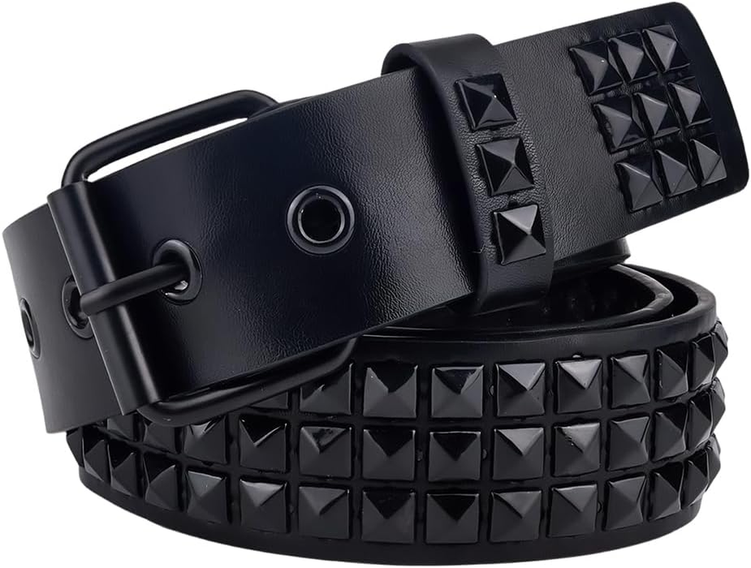 GORGECRAFT Black PU Leather Studded Rivet Belt 44.4 X 2 Inch Gothic Punk Rock Bright Metal Alloy Pyramid Studs Grommet Threads Belts, Black
