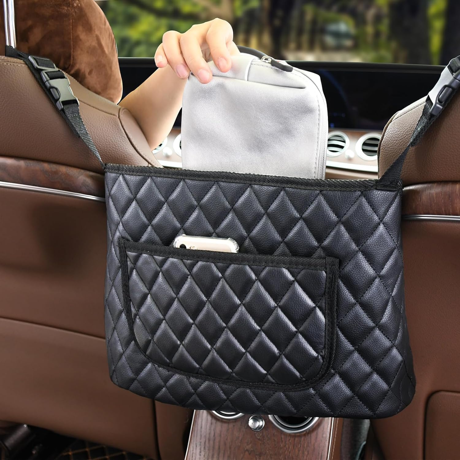 Car Handbag Holder Car Net Pocket PU Bag, 1Pc PU Leather Car Pocket Handbag Holder, Car Net Pocket Handbag Holder Car Seat Side Storage Bag, Car Net Pocket Handbag Holder, PU Leather Handbag Holder image number 5