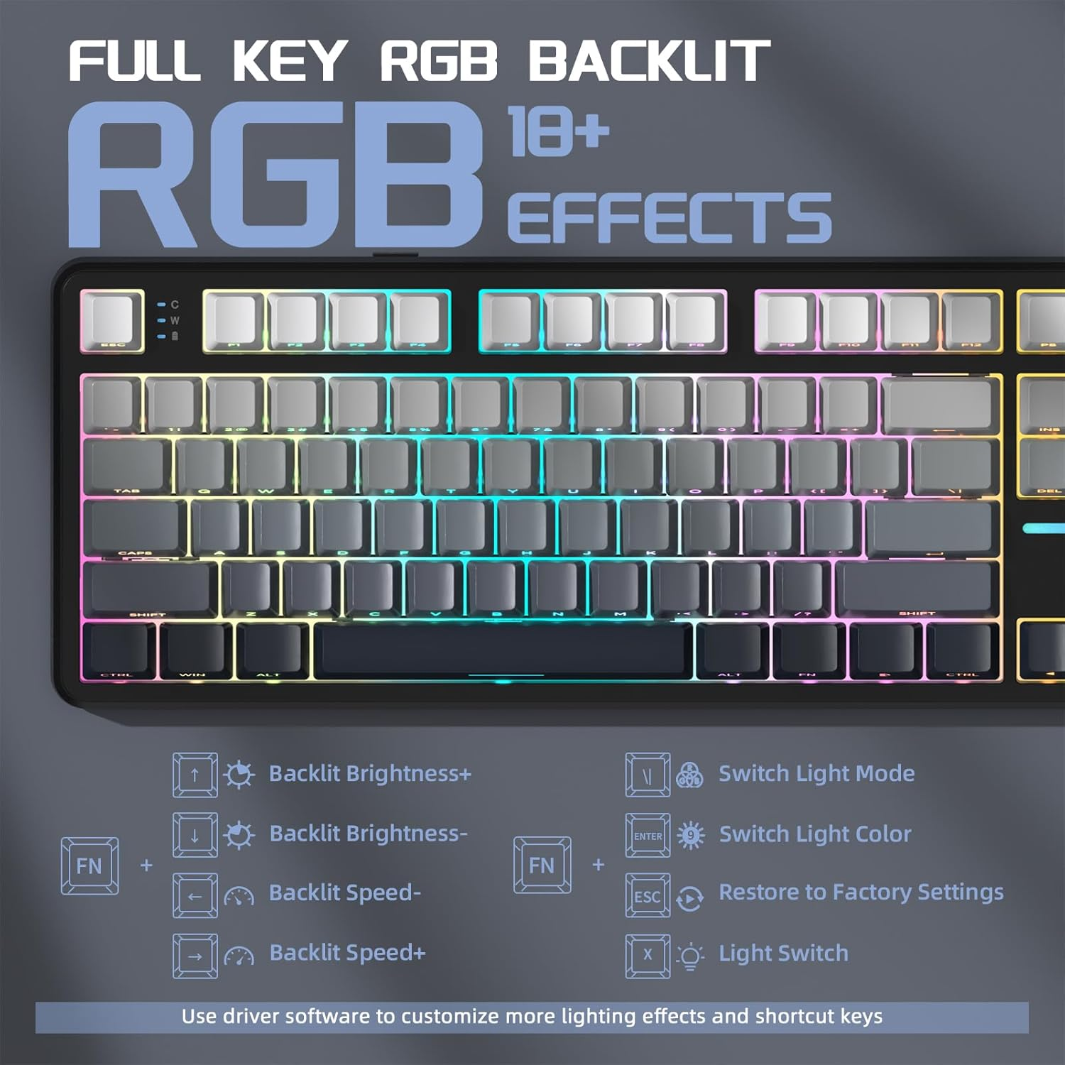 ATTACK SHARK X87 Wireless Gasket Mechanical Keyboard,Tkl Tri-Mode Bt5.0/2.4Ghz/Usb-C Gaming Keyboard,Hot Swappable,Side Printed PBT Keycaps,Pre-Lubed Strawberry Switche RGB Backlit Keyboard-Moon Night