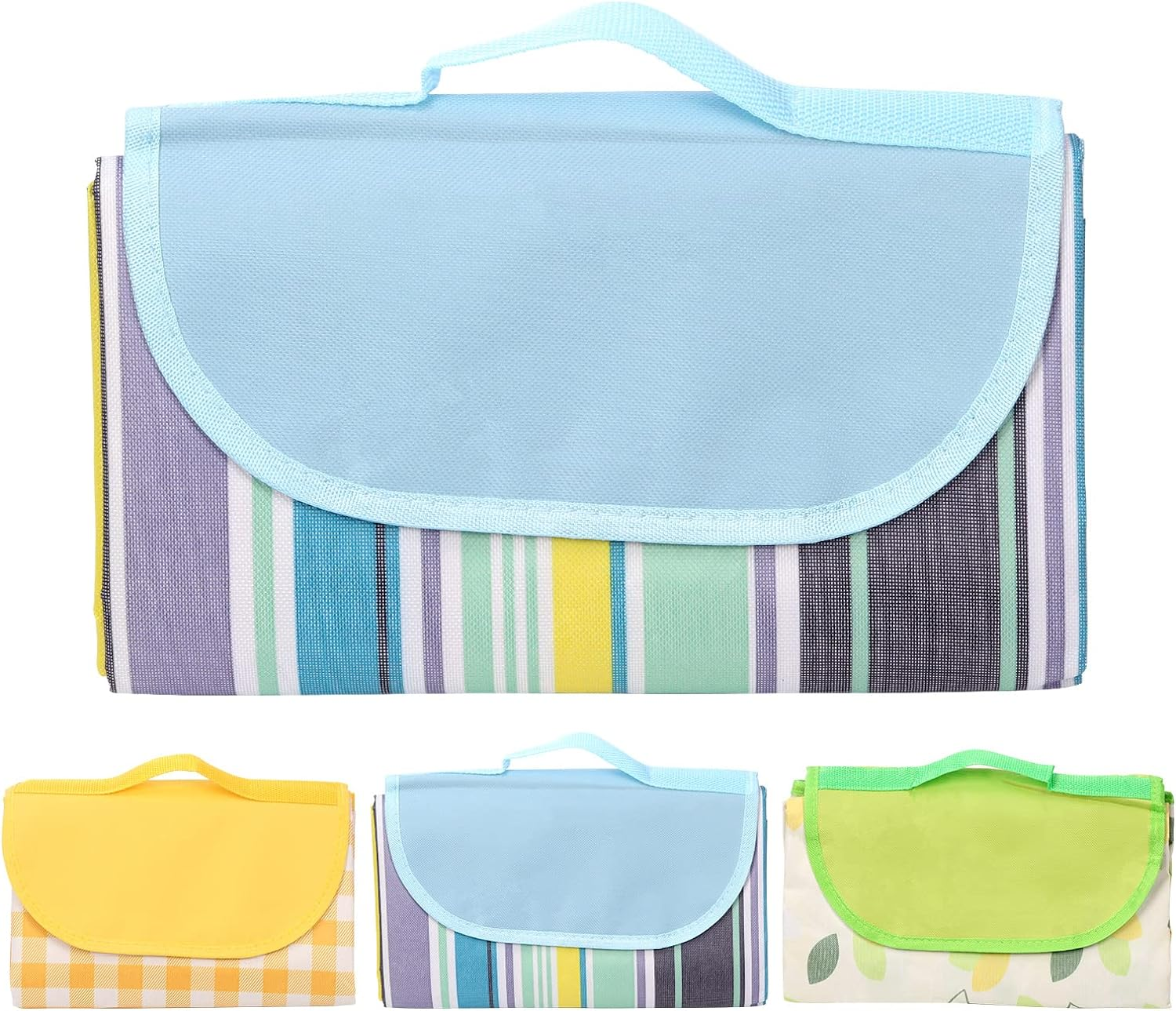 Tanstic Outdoor Picnic Blanket, 79" X 79" Extra Large Waterproof Foldable Beach Mat with Carry Strap for Camping Park (Blue Stripes)