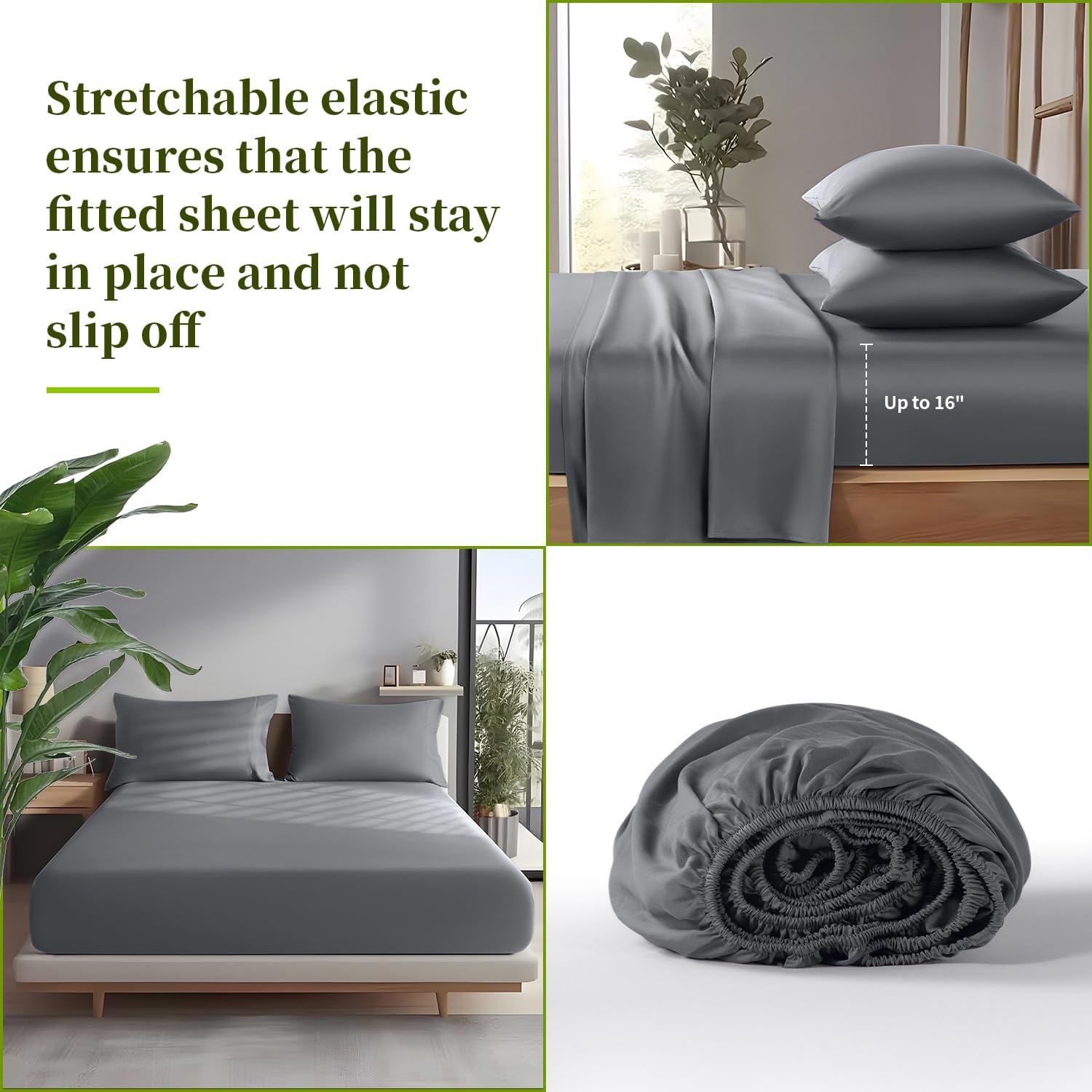 Shilucheng 100% Cooling Bamboo_ Sheets Set- Queen Size 1800 Thread Count Soft Bed Sheets,16 Inch Deep Pocket,Breathable,Comfortable and Pilling Resistant -4Pc(Queen,Dark Grey) image number 5