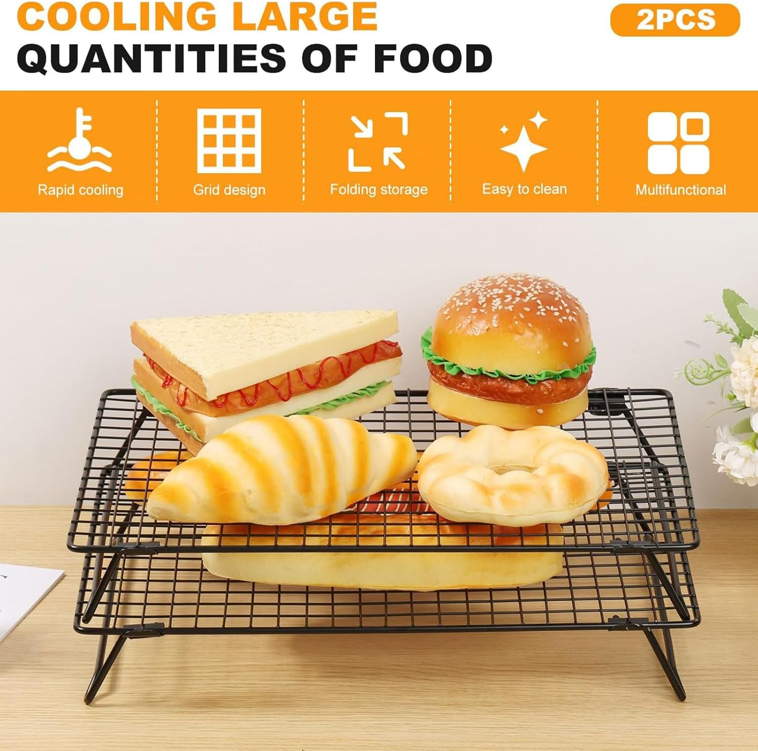 Yharnamite 2 Pcs Cooling Racks, 13.4 X 9.5 ​Inches Cooling Rack Baking, Cake Cooling Rack, High Temperature Resistant Wire Rack with Collapsible Legs for Cooking, Roasting, Grilling, Baking (B) image number 2