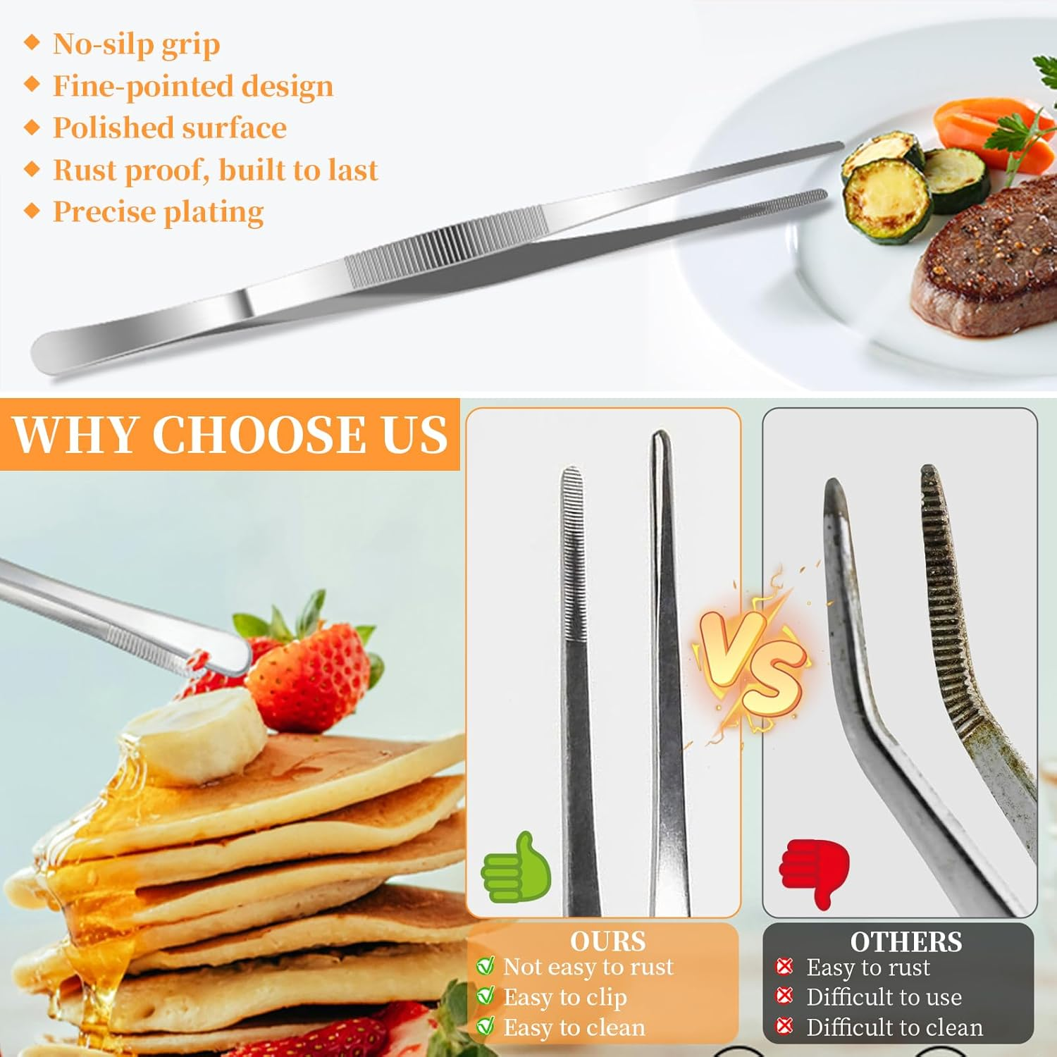 4 PCS Kitchen Fine Tweezer Set, 2 PCS round & 2PCS Straight Serrated Tips Tongs Tweezer, 25CM & 30CM Cooking Tweezers, Stainless Steel Food Tweezers for Sea Food BBQ Medical Beauty Repairing (4Sivery) image number 2