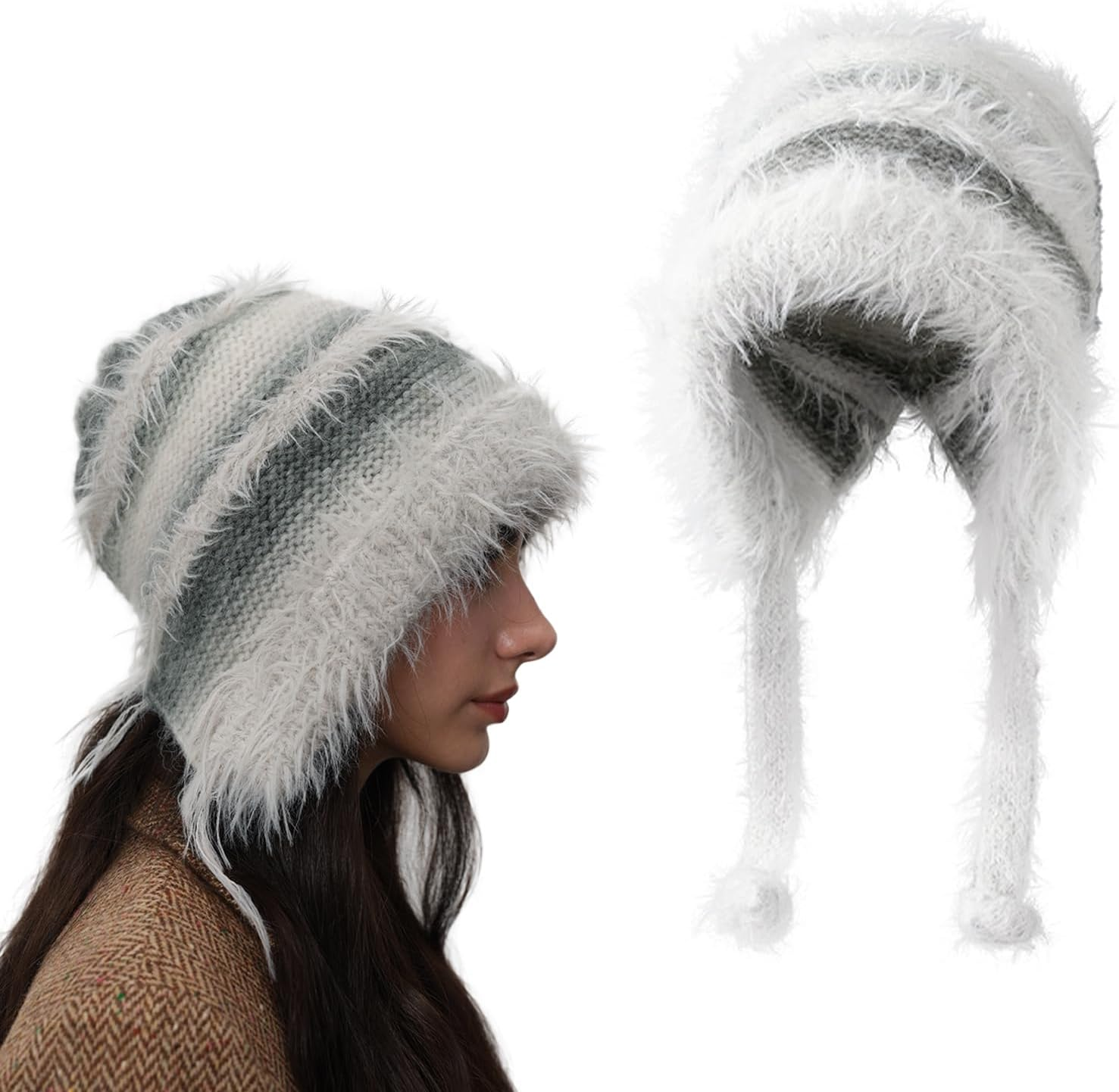 AWOCAN Women Fluffy Faux Fur Hat Winter Knitted Slouchy Beanie Cap Windproof Cover Ears Beanie Hat