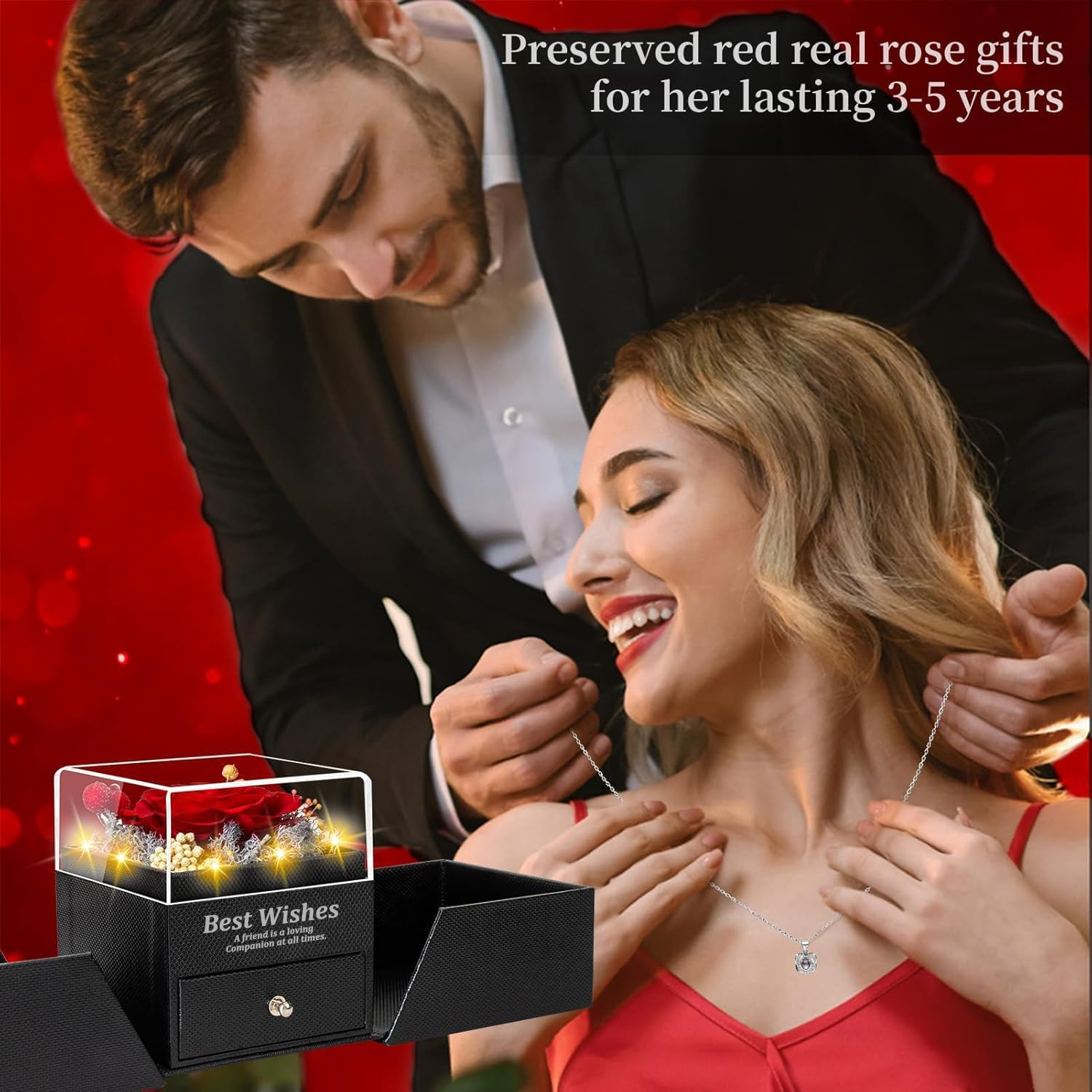 Preserved Red Real Rose with Heart I Love You Necklace & Earrings, Eternal Flower Rose Birthday Gifts for Women Her Mom Wife Girlfriend Grandma on Valentines Mothers Day Christmas Anniversary Romantic - Red Without Light image number 7