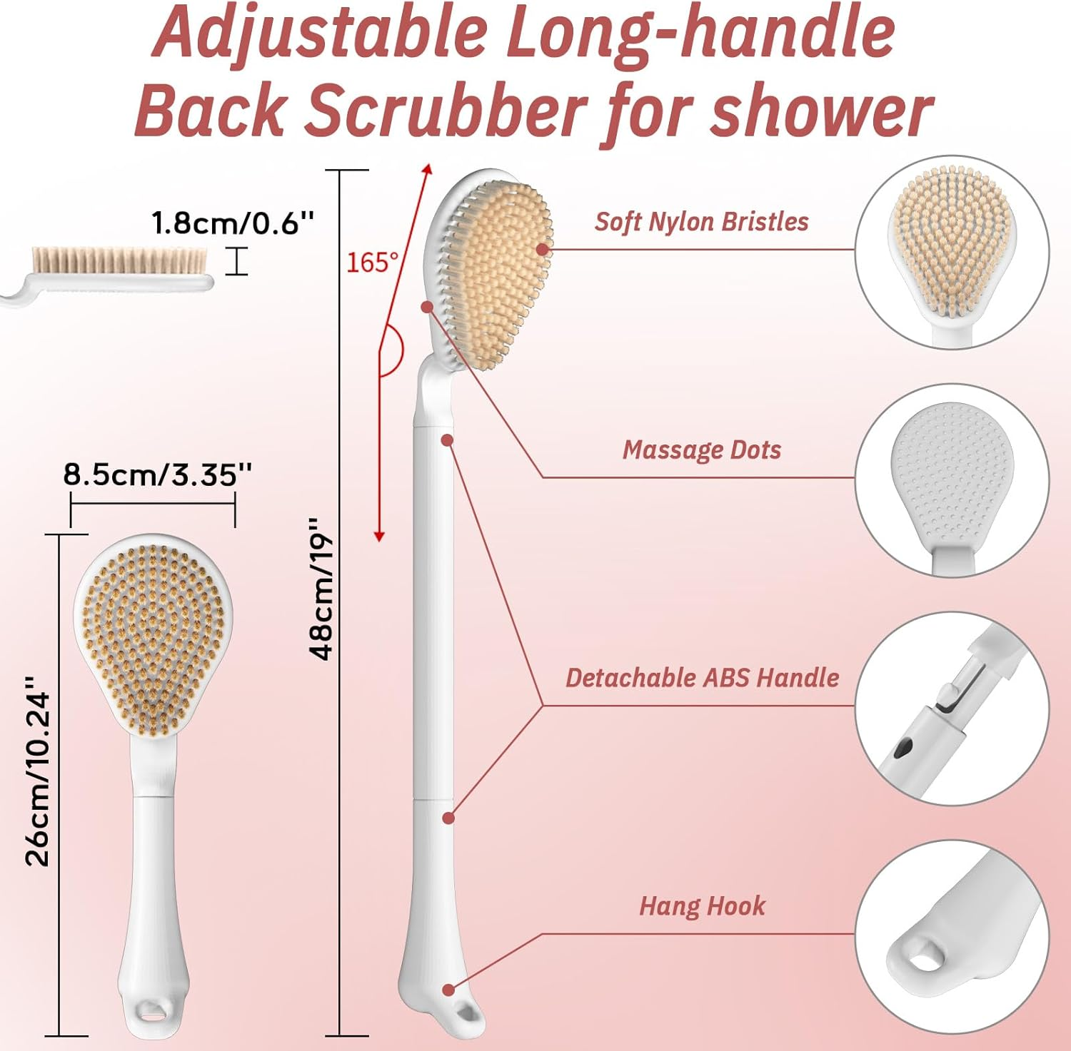 GEENOA Back Scrubber for Shower, 19&rsquo;&rsquo; Detachable Long Handle Shower Body Scrubber for Wet or Dry Brush, Adjustable 2-In-1 Back & Body Brush with Soft and Dense Bristles for Deep Cleaning(White)