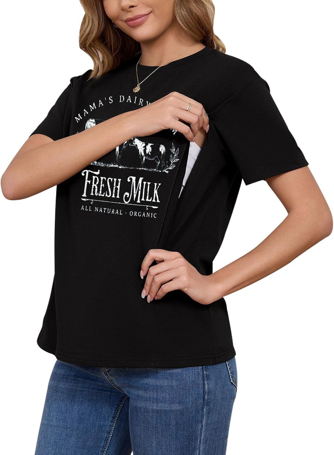 Comfort Breastfeeding Shirts for Women Zip Nursing Tops Causal Distressed Acid Washed Maternity Tees image number 6