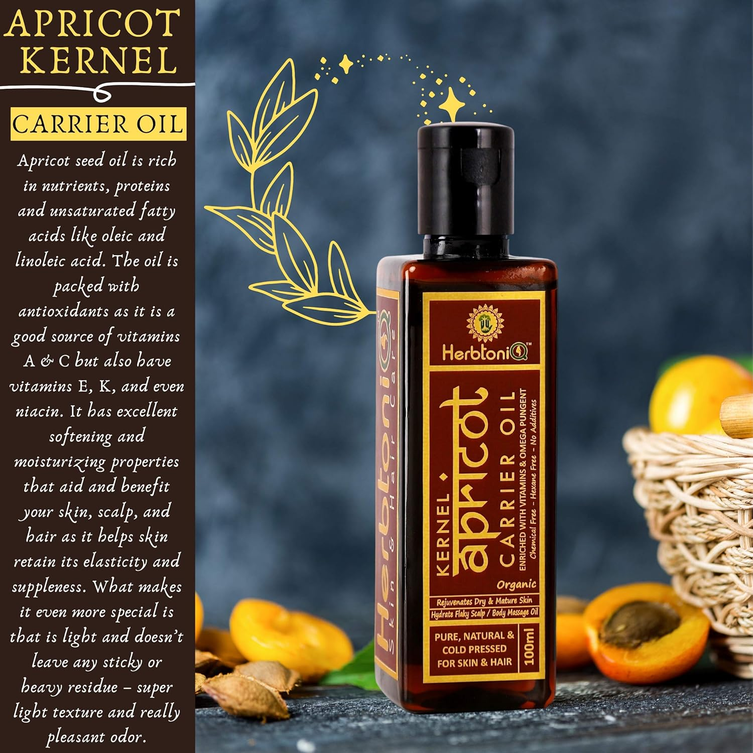 Herbtoniq Organic Apricot Kernel Cold Pressed Carrier Oil for Moisturizing, Healing, Dry Skin, Nail, Hair Care (100Ml, 3.38 Fl Oz)