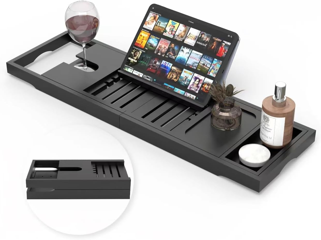 Bamboo Bathtub Caddy Tray for Luxury Bath, Expandable Bath Tray for Tub with Book and Wine Holder- Gift Idea for Loved Ones