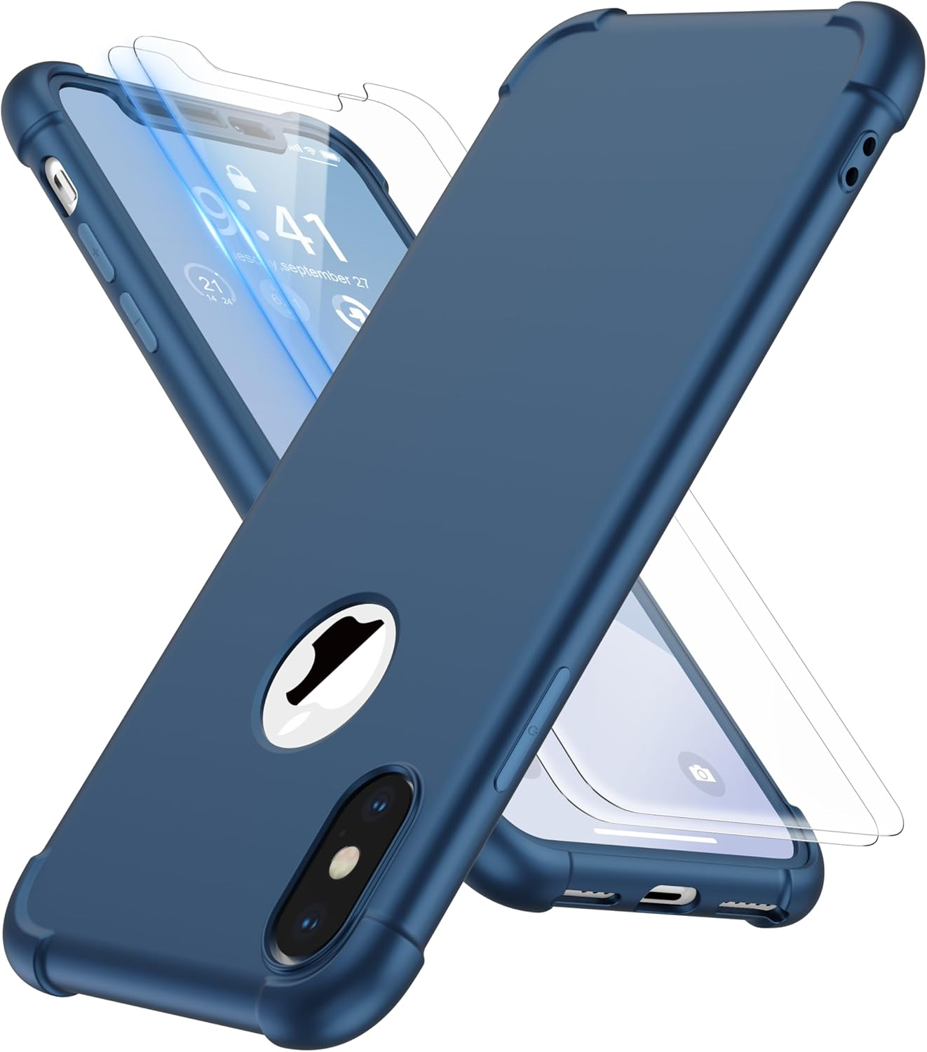 ORETECH Compatible with Iphone X Case Iphone Xs Case with [2 X Tempered Glass Screen Protector] 360&deg;Full Body Shockproof Case Ultra Thin Hard PC Silicone Case Cover for Iphone X/XS 5.8'' - Black