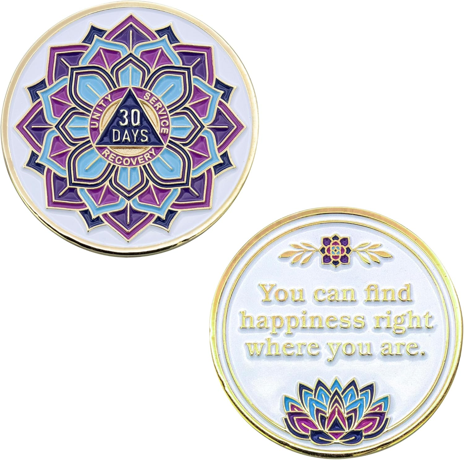 30 Days AA Coin - Sobriety Mint 'In Bloom' Lotus Flower Recovery Medallion/Chip - White/Gold - 1 Month