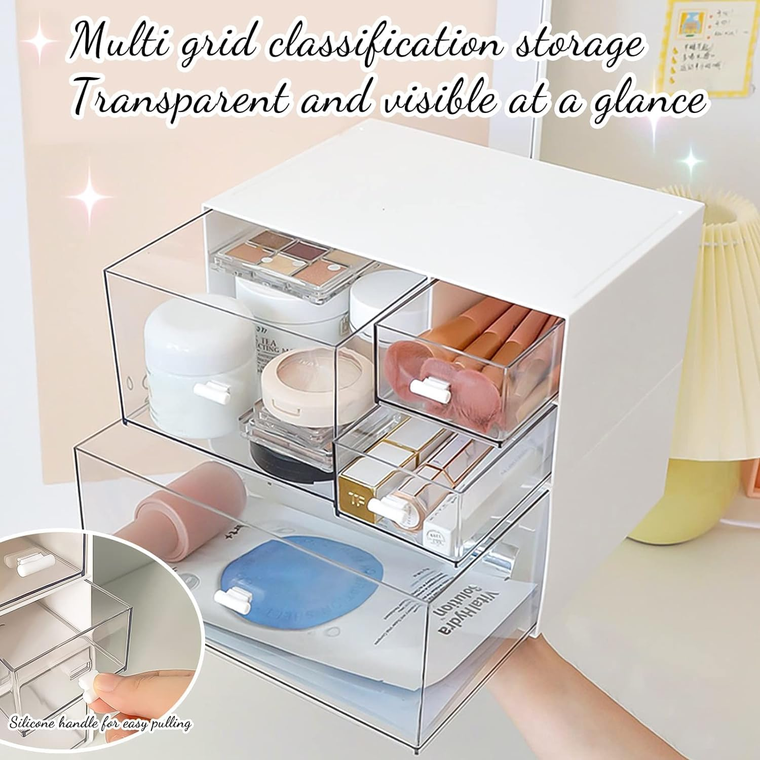 Desk Drawer Organizer, Transparent Makeup Organizer Storage Box with 4 Removable Plastic Drawers, Desk Storage and Accessories for Home Collection Cosmetics Office Bathroom Counter Dressing Table