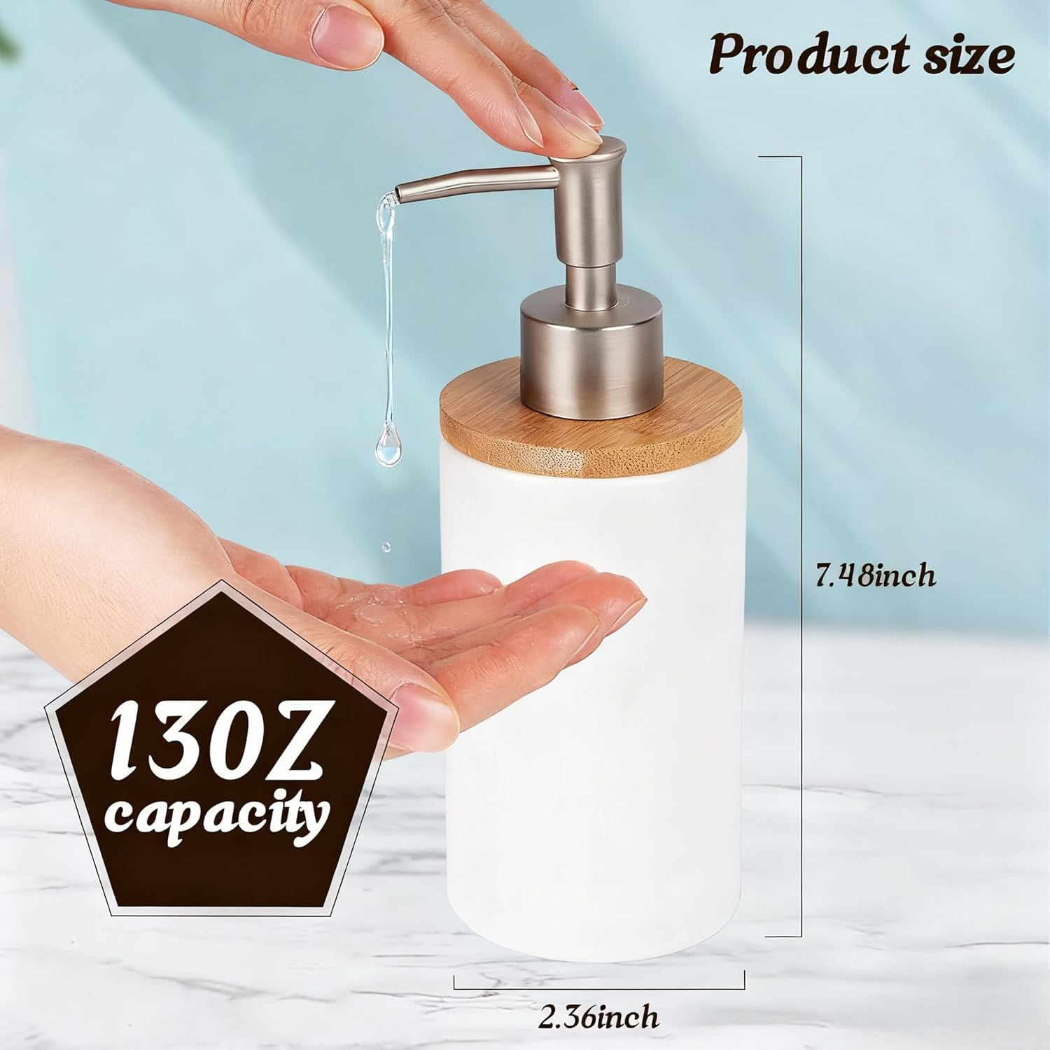 TOWEBOORY 2Pcs Bathroom Soap Dispensers, 13Oz Ceramic Hand Wash Dispenser, Empty Refillable Shampoo Bottles with Pump for Hand Soap, Dish Soap, Lotion (White) - White image number 2