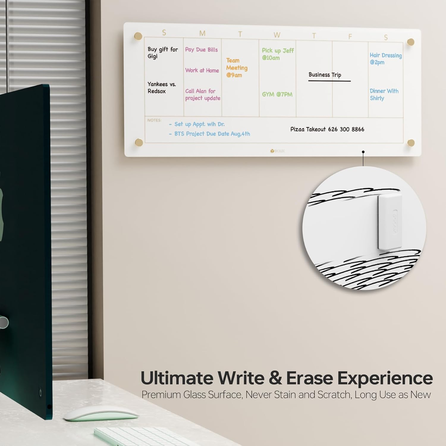 Glass Golden Weekly Dry Erase Calendar White Board for Wall, to Do List & 7 Days Planner Whiteboard for Home Office, 58.6X24Cm, 4 Markers Included, Yeoux image number 5