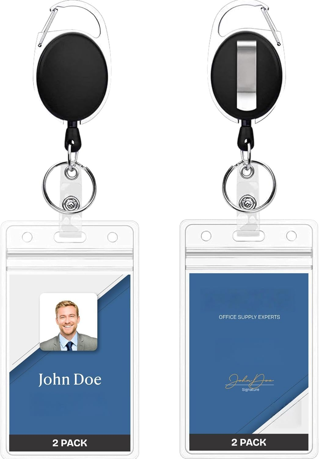 ID Badge Holders with Clip and Keyring - Vertical Clear Plastic 6.4CM X 9.1CM Sleeves Fit up to 3 Cards - Retractable 60CM UHMWPE Fiber Pull Cords for Easy Access (Black, 2 Pcs (Vertical)) image number 5