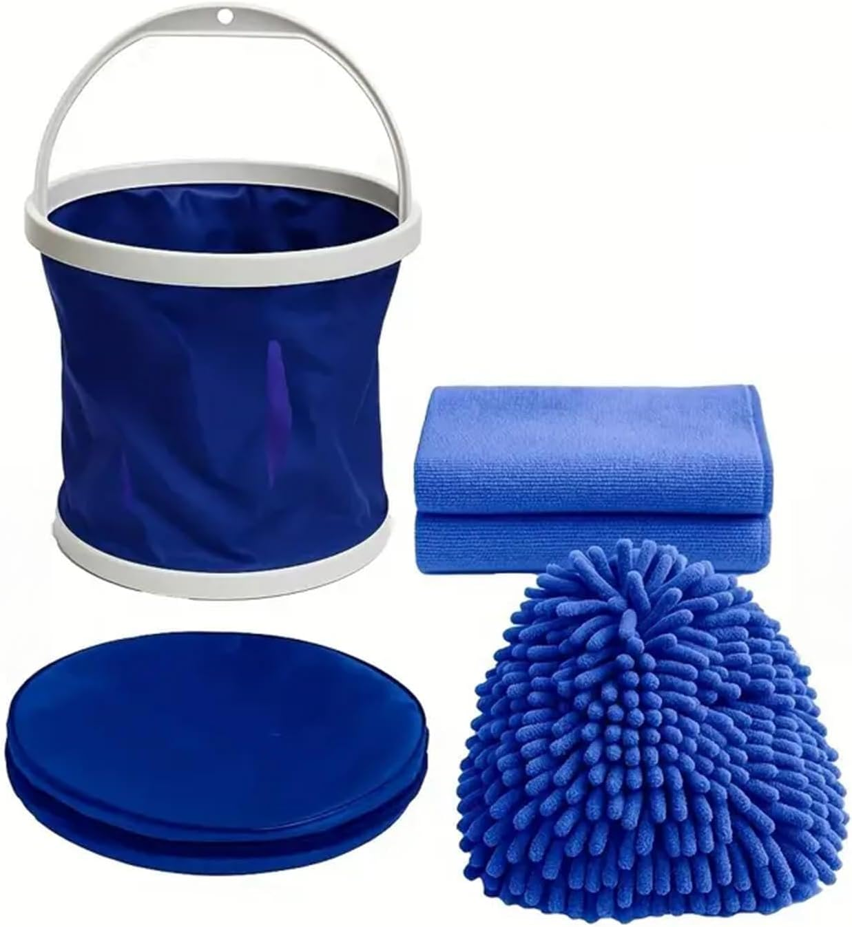 Portable 4-Piece Car Wash Kit: 1 13L Collapsible Bucket + 1 Chenille Microfiber Mitt + 2 Towels - a Versatile Cleaning Kit for Cars, Rvs, Outdoor Adventures, and Fishing