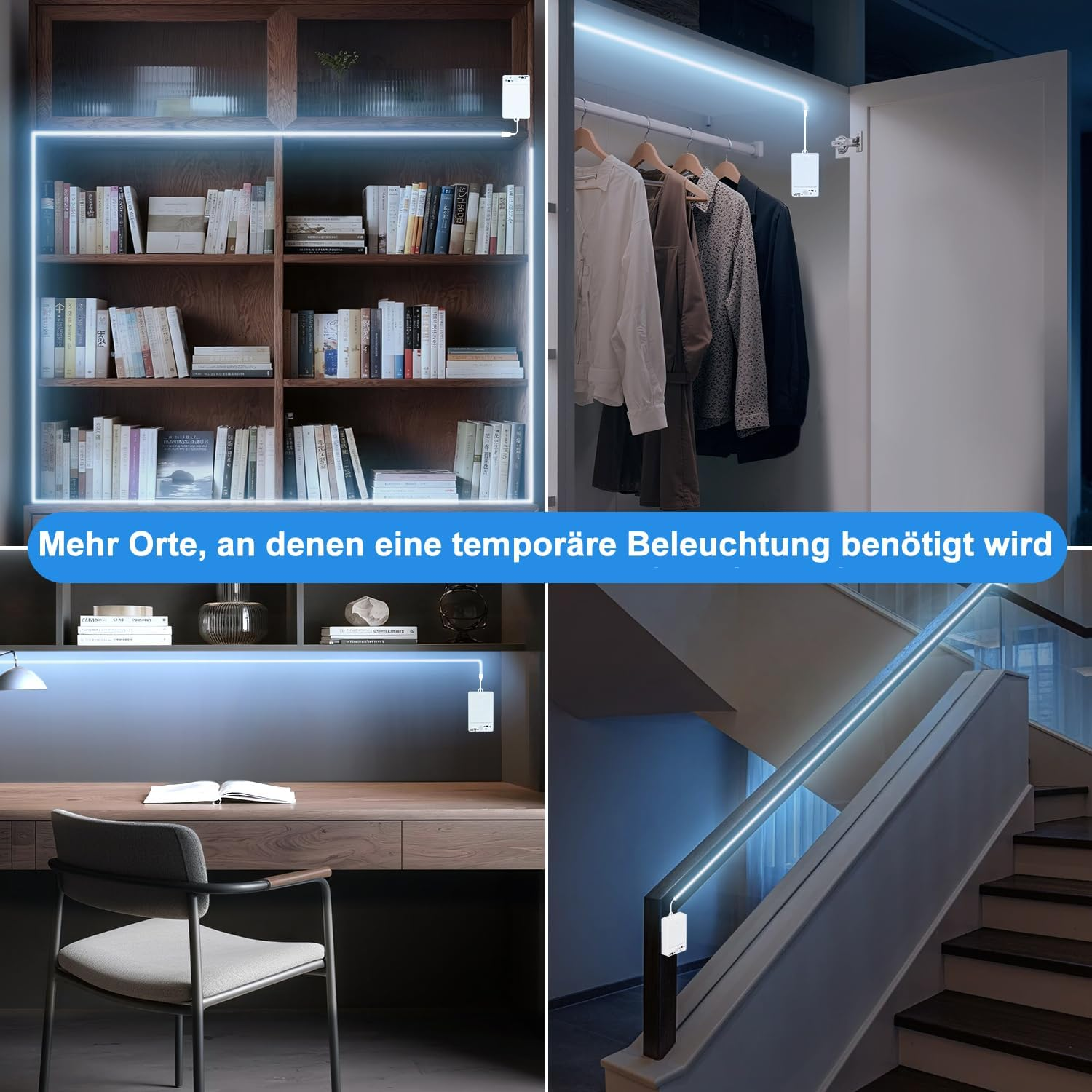 LED Light Strip with Motion Sensor Indoor Battery, 2 M 640 Leds LED Strip with Rechargeable Battery, Cabinet Light with 2 Modes, for Wardrobes, Stairs, Bedroom, Hallways (Cool White, Pack of 1) image number 4