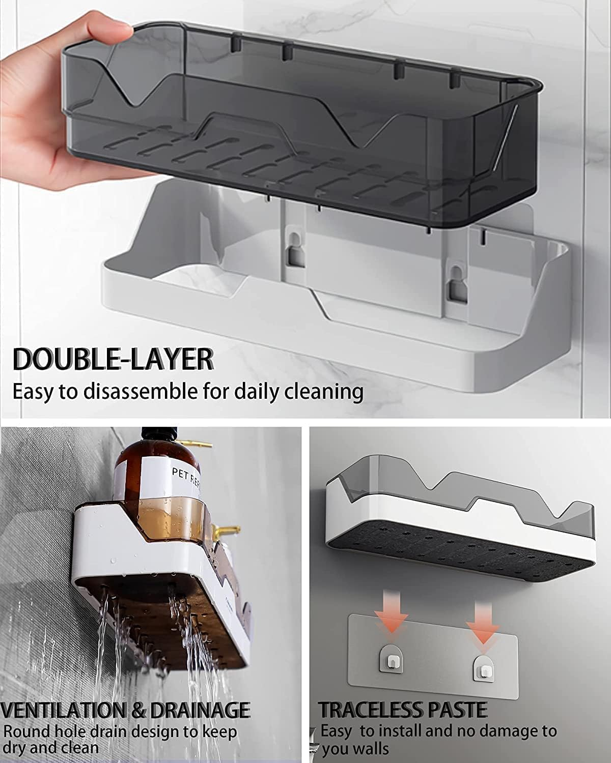 2-Pack Shower Caddy, Separable Shower Organizer, No Drilling Double Layer Shower Shelf, Used for Bathroom and Kitchen (Amber)