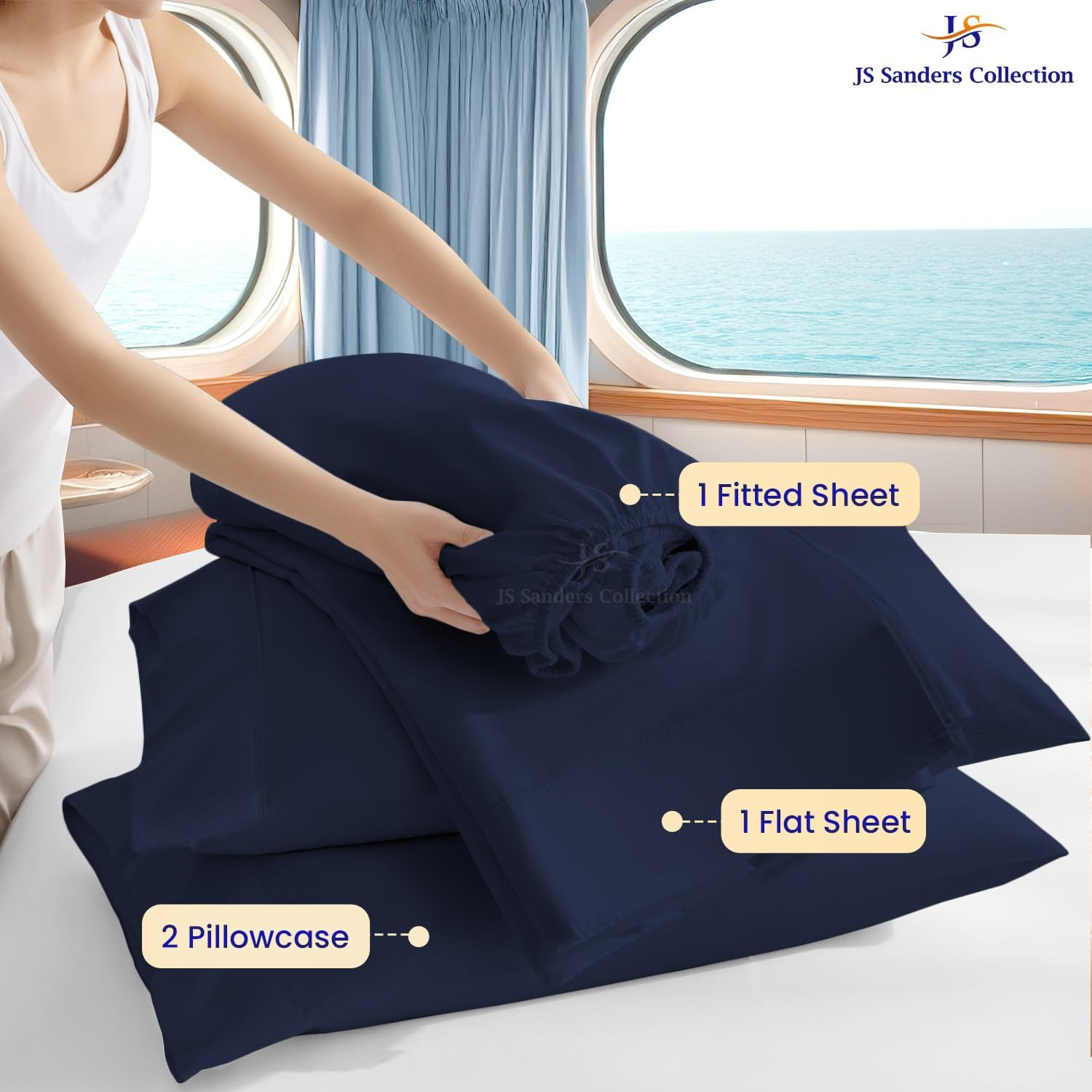 JS Sanders Collection 100% Egyptian Cotton AFT Berth 4 Piece the Best Boat AFT Berth Bedding Fits Mattresses up to 8&rdquo; Depth Sheet Set - 600 TC Navy Blue image number 5