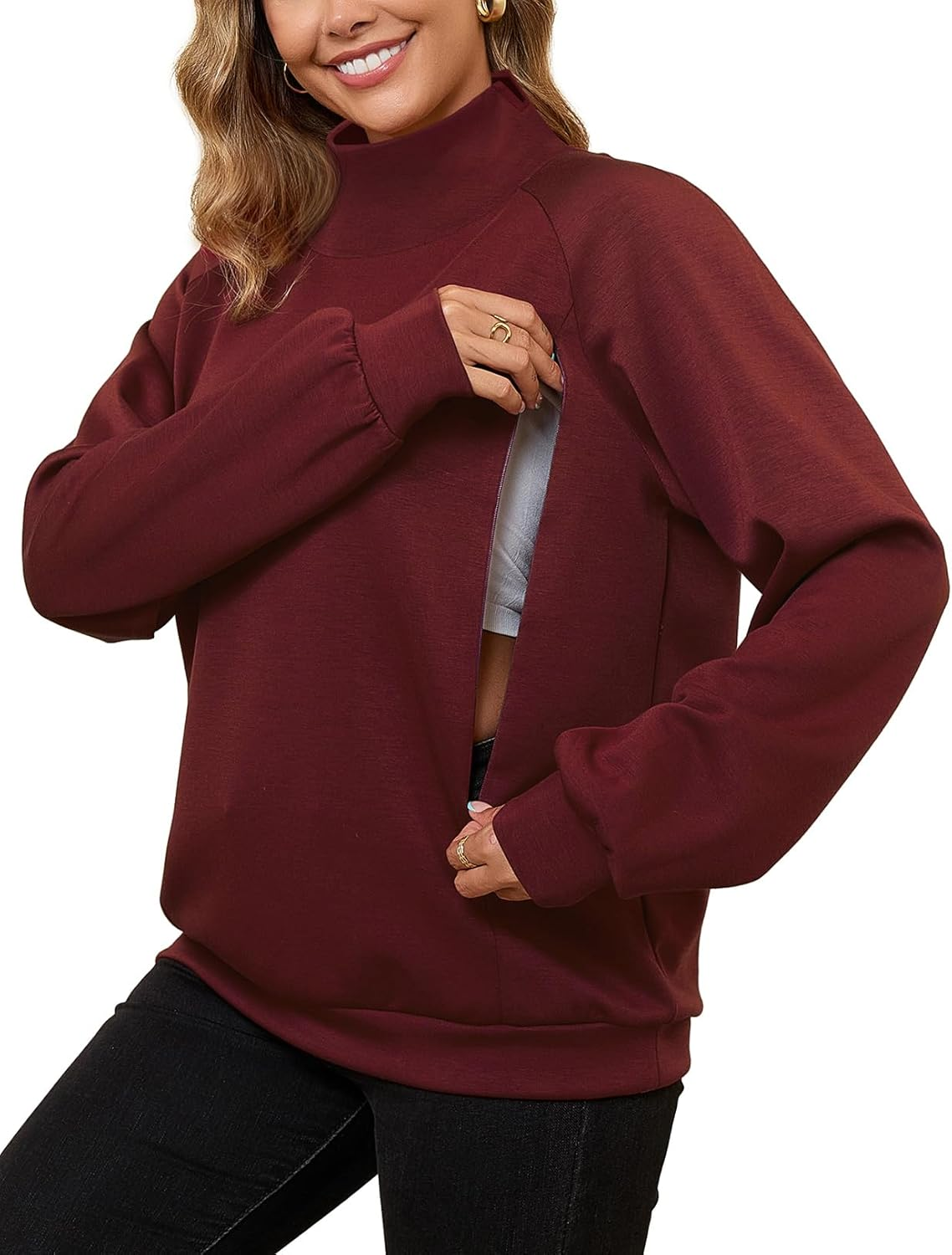Bhome Nursing Sweatshirt for Breastfeeding High Neck Long Sleeve Nursing Shirt Zipper Maternity Pumping Top Pullover
