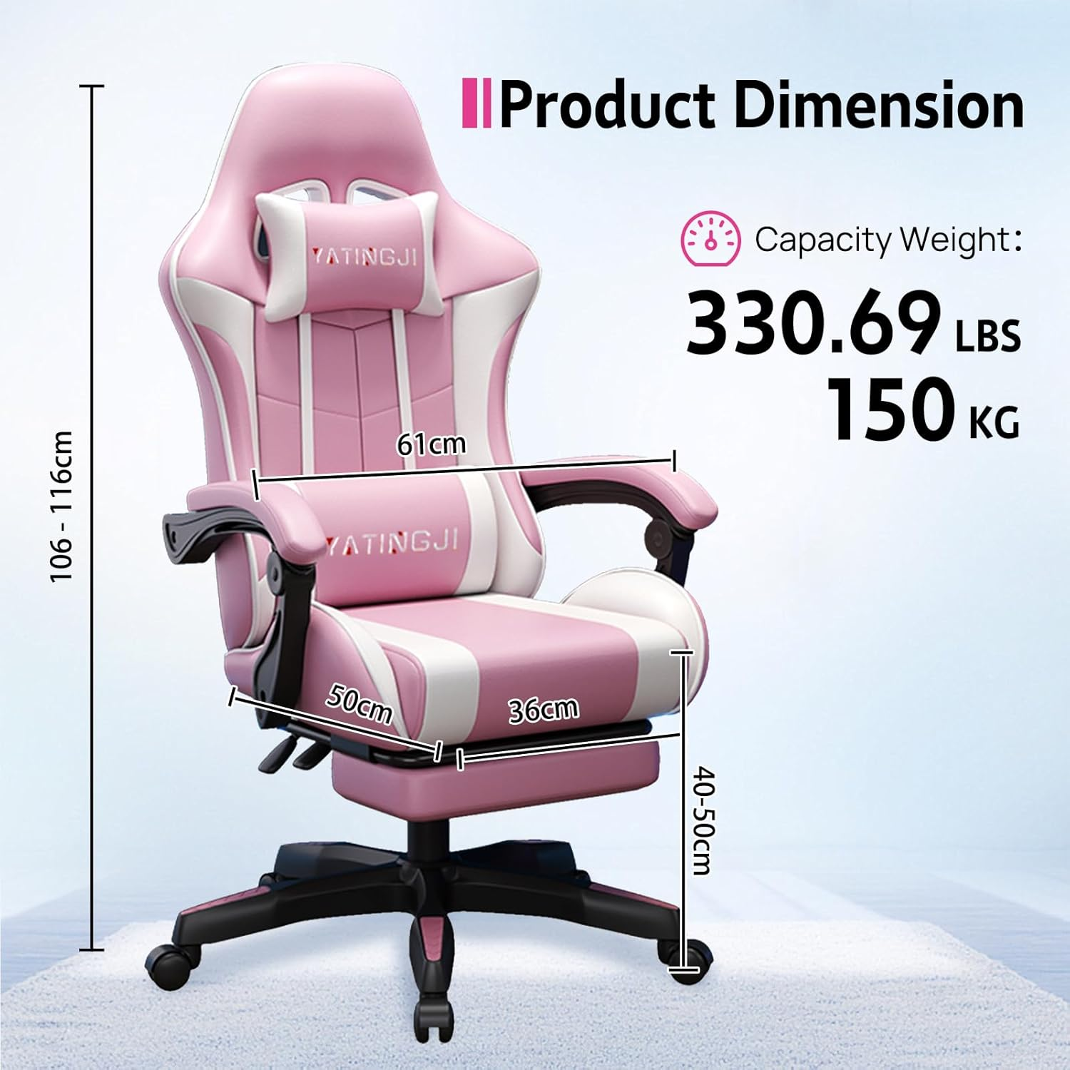 Gaming Chair,With Head Cushion,Height Adjustable,Pu Leather Racing-Style Executive Seat,Reclining Capability,Suitable for Office Chair (Pink and White with Head Cushion) - Blue image number 6