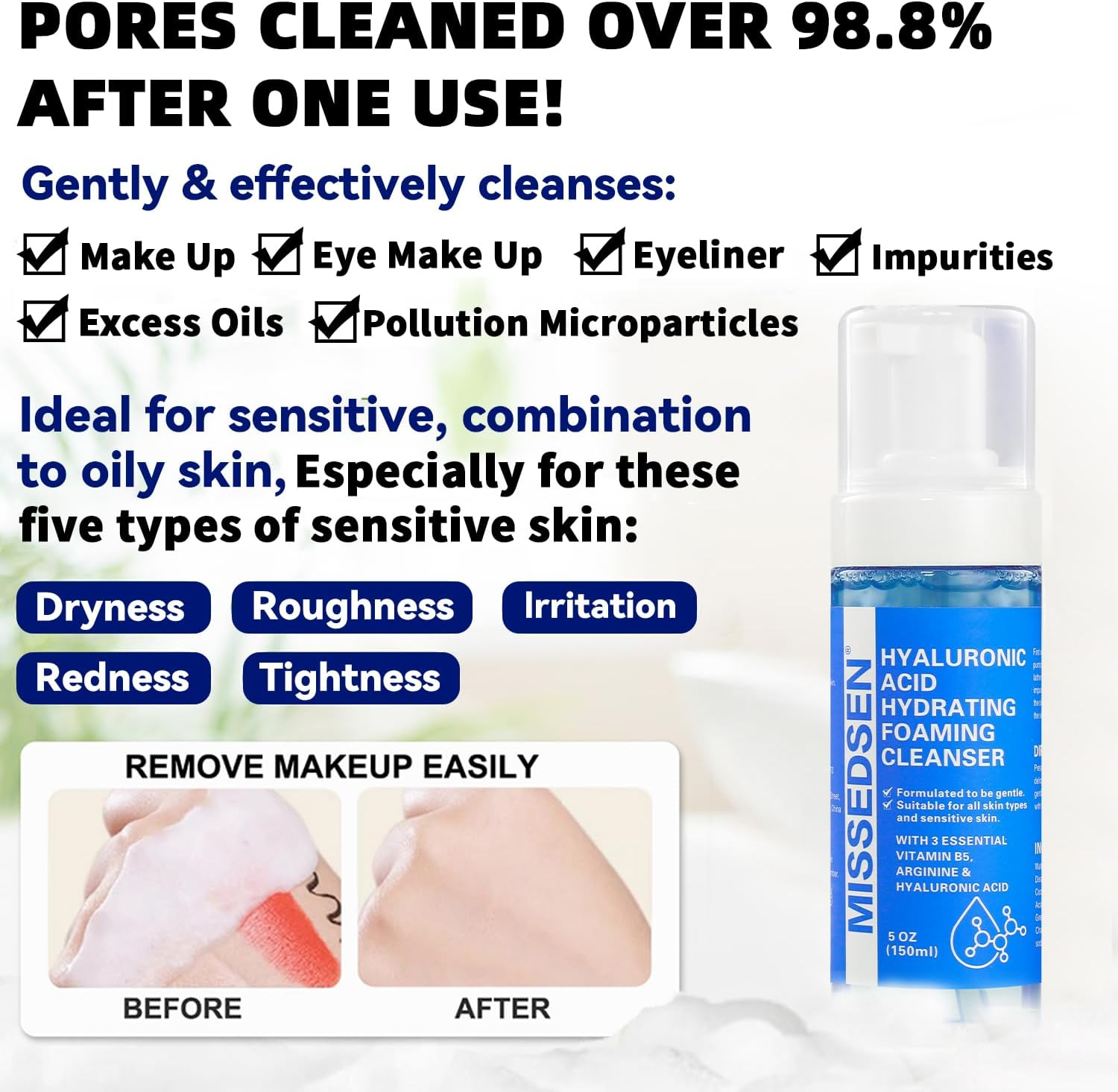 MISSEDSEN Face Wash, Hyaluronic Acid Foaming Cleanser for Oily and Sensitive Skin, Fragrance Free, 150Ml image number 1