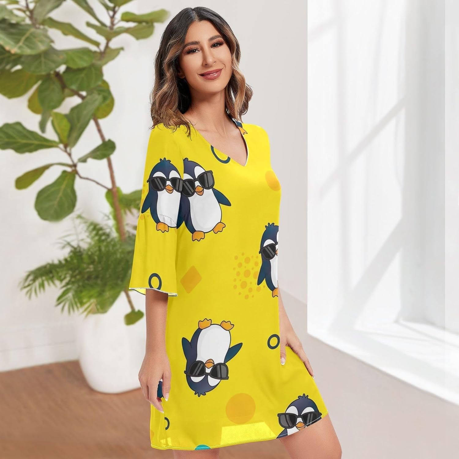 Cartoon Penguins Yellow V Line Dress 3/4 Sleeve Maternity Dress Party S-XXL image number 4