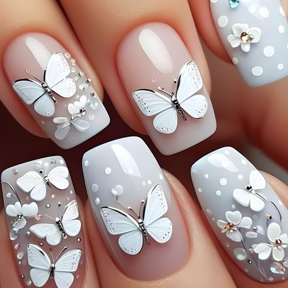 24Pcs Short Press on Nails Square False Nails 3D Butterfly Fake Nails White Nude Ombre Stick on Nails Removable Glue-On Acrylic Nail Tips Spring Summer Accessories for Women image number 3