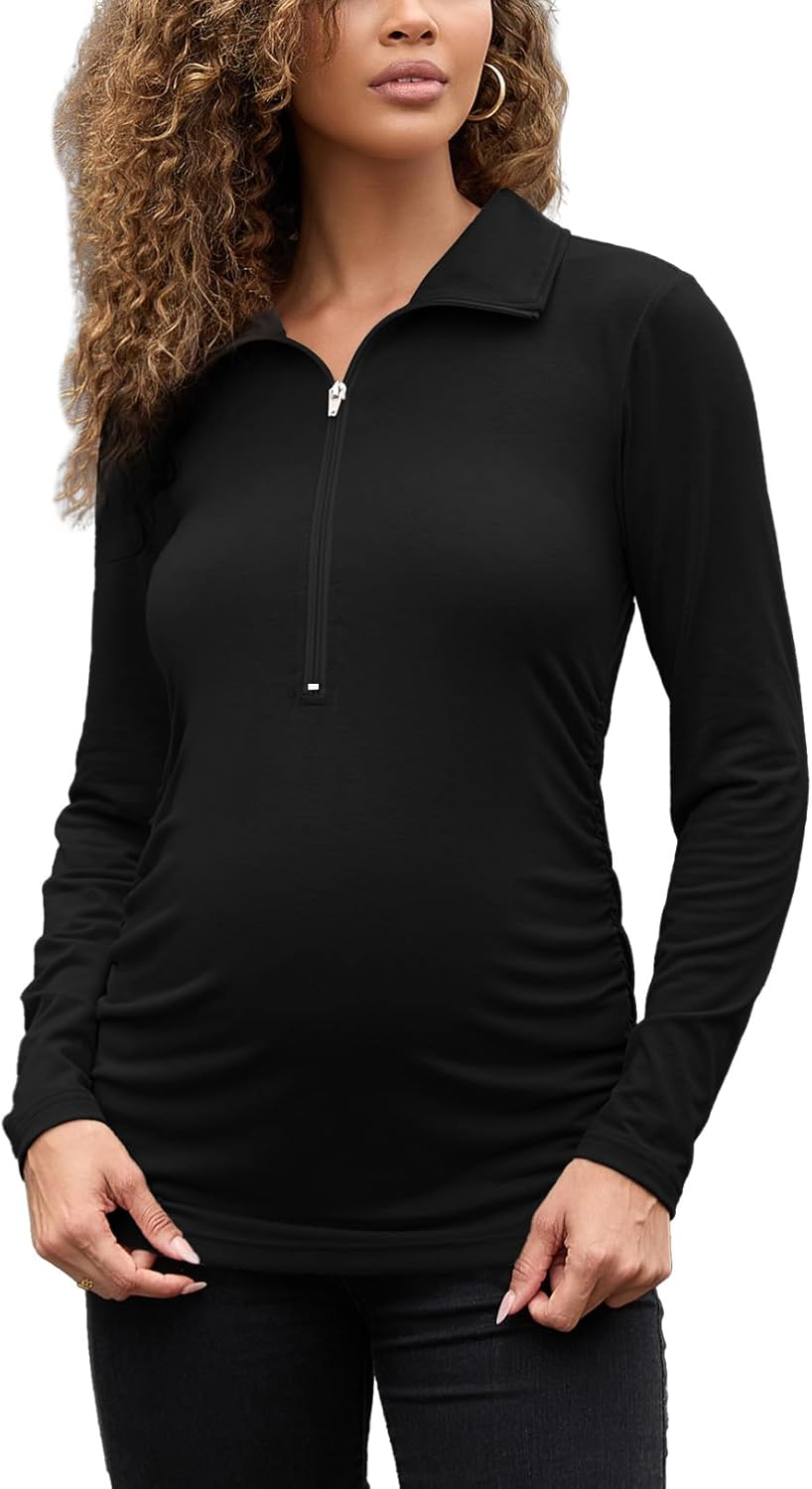 Women'S Maternity Shirt Long Sleeve Half Zip Pullover Lapel Sweatshirts Comfy Pregnancy Tee Tops