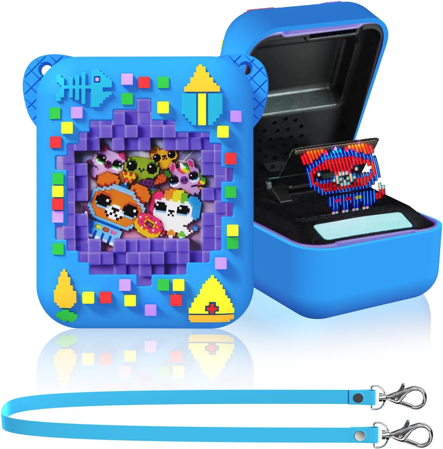 Protective Case for Bitzee Interactive Toy Digital Pet, MOWYEOK Protective Case with Food Print, Compatible with Accessories of the Bitzee Interactive Toy Digital Pet, with Lanyard (Blue)