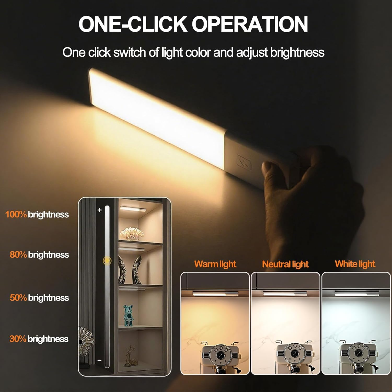 Voinee Care Motion Sensor Light under Cabinet Kitchen Light with 3 Colors with Adjustable Intensity, USB Charging, Magnetic Installation, Suitable for Closets, Wardrobes, Bedrooms, Stairs (2) image number 4