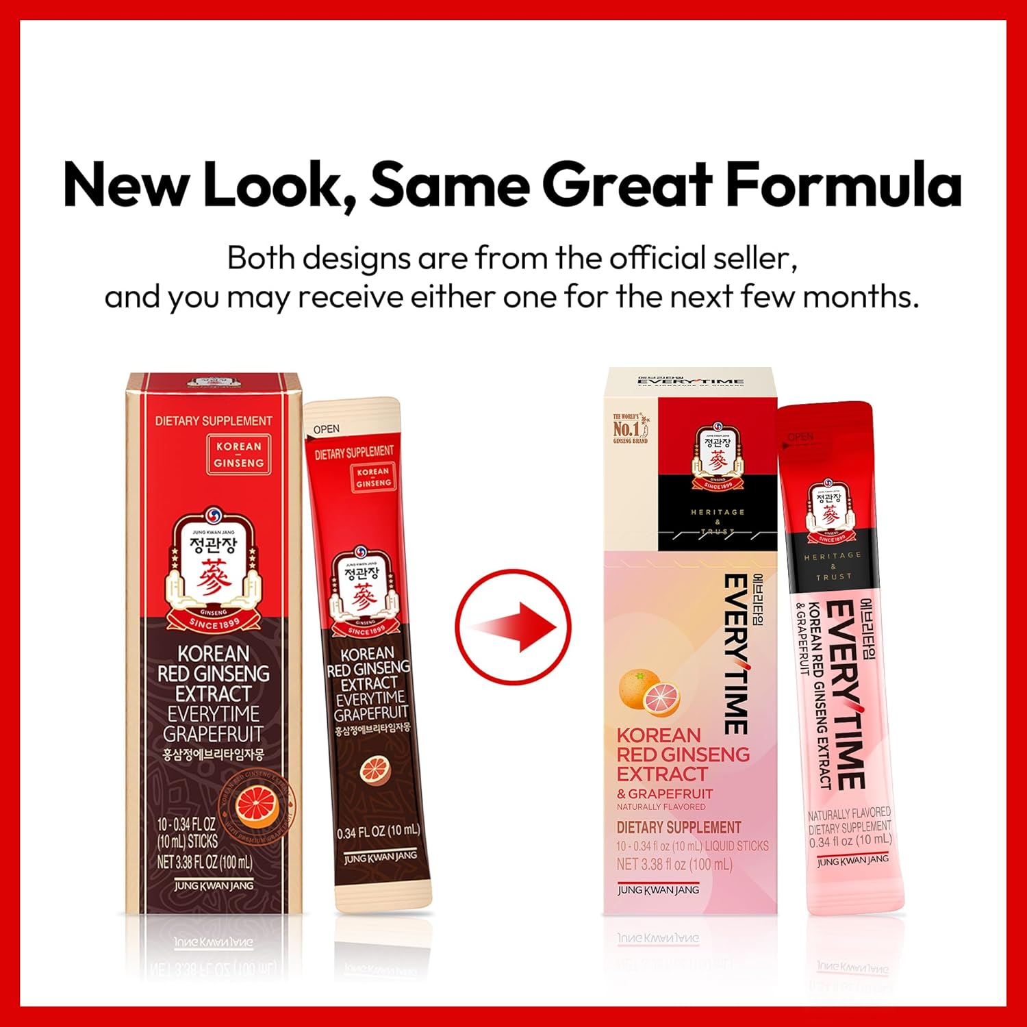 Jung Kwan Jang Korean Red Ginseng Extract Everytime 1,000Mg & Grapefruit Liquid Stick - Vegan Frendly, Ginseng Root Energy Drink Supplements - Builds Stamina & Immunity, Caffeine Free, GMO Free (10Ml X 10 Sticks)