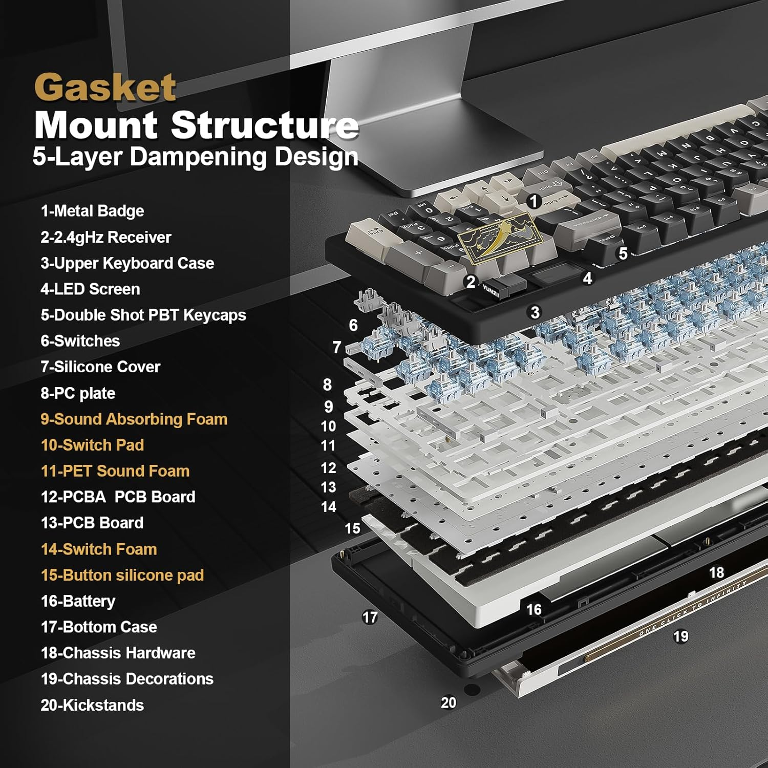 YUNZII IF99 Wireless Mechanical Gaming Keyboard with Smart ICD Display, QMK/VIA Programmable BT/2.4G/USB-C Gasket Mounted Hot Swap RGB 96% Layout for Mac/Win (Black, Zero Linear Switch) image number 4