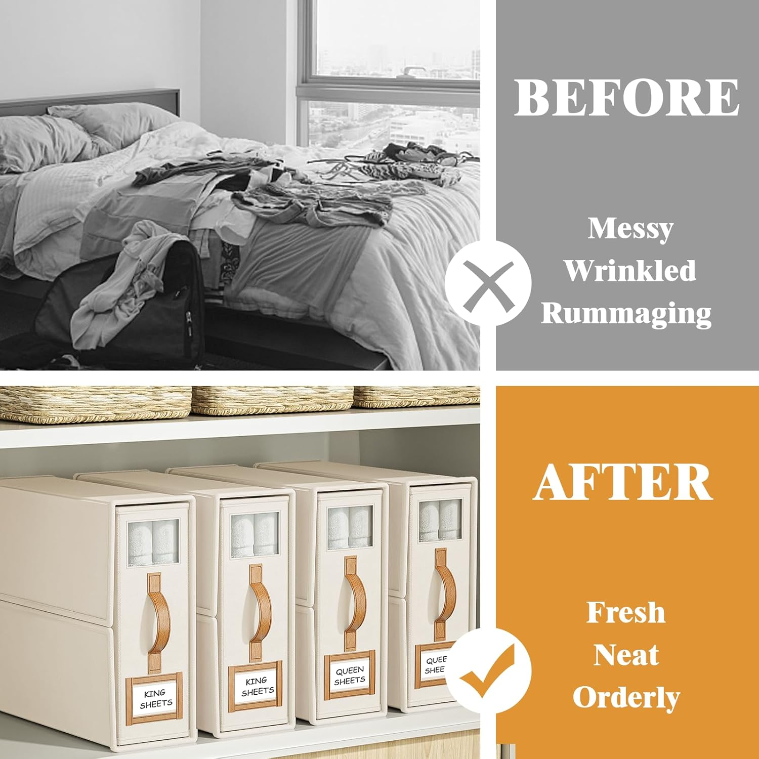 Bigponpon 6 Pack Bed Sheets Organizers and Storage (King Size),Foldable Sheet Organizer with Handle for Linen Closet,Bedding Organizer Storage for Sheets, Duvet Cover (Beige)