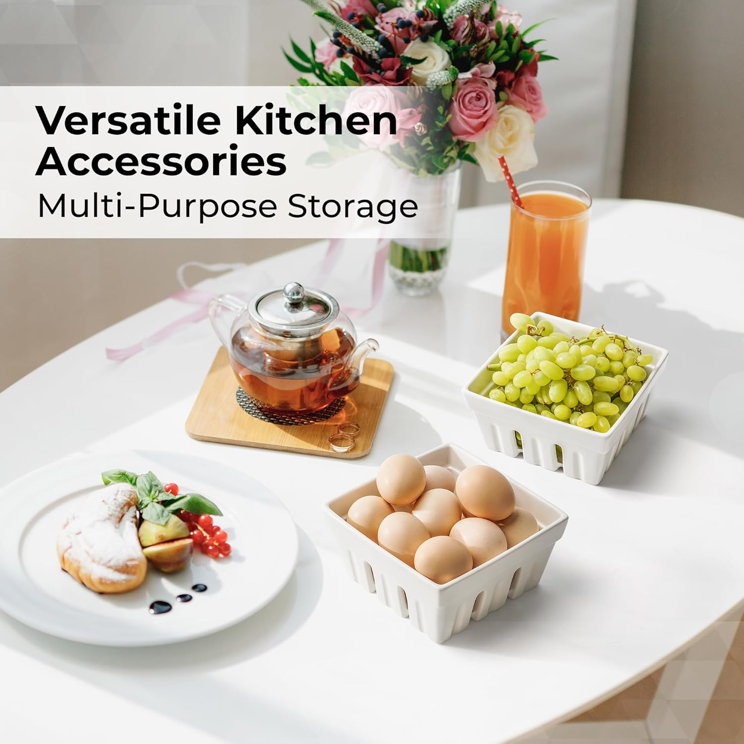 MIAMIO - Ceramic Berry Basket Set of 2 / Cute Kitchen Fruit Bowl with Draining Holes/Strawberry Storage Container image number 1